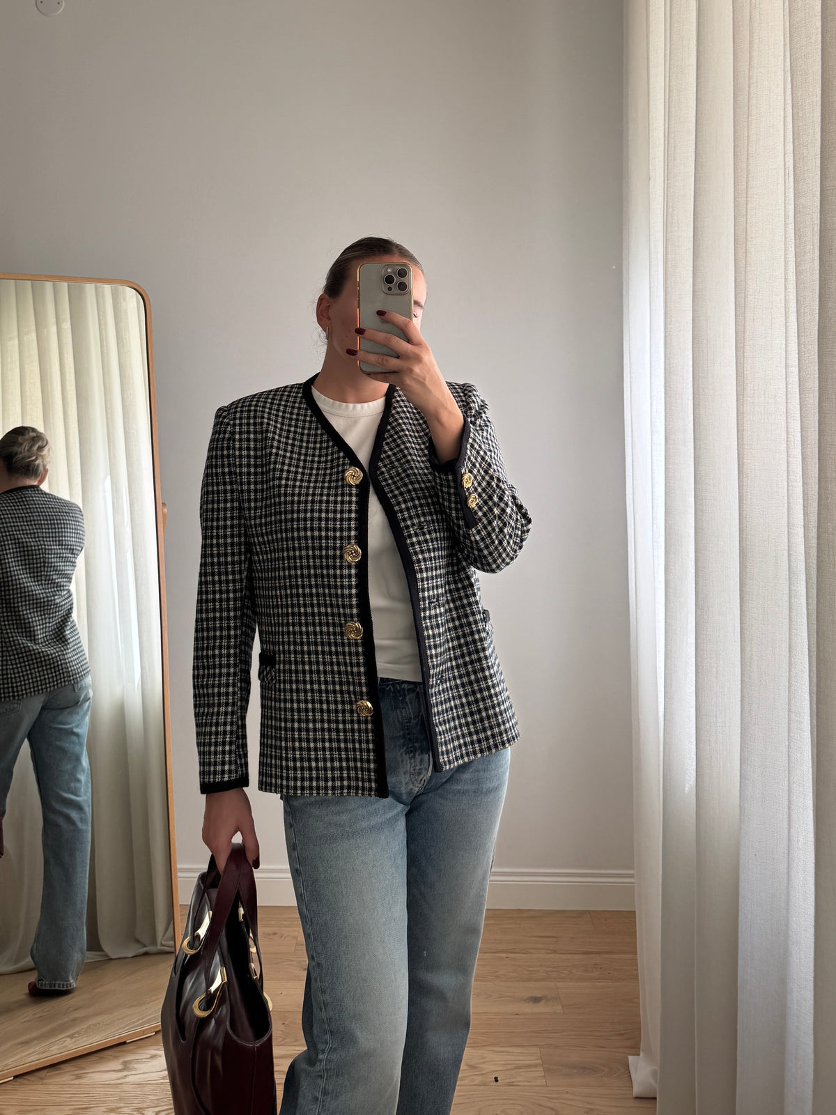 Giacca check bianca e nera in lana