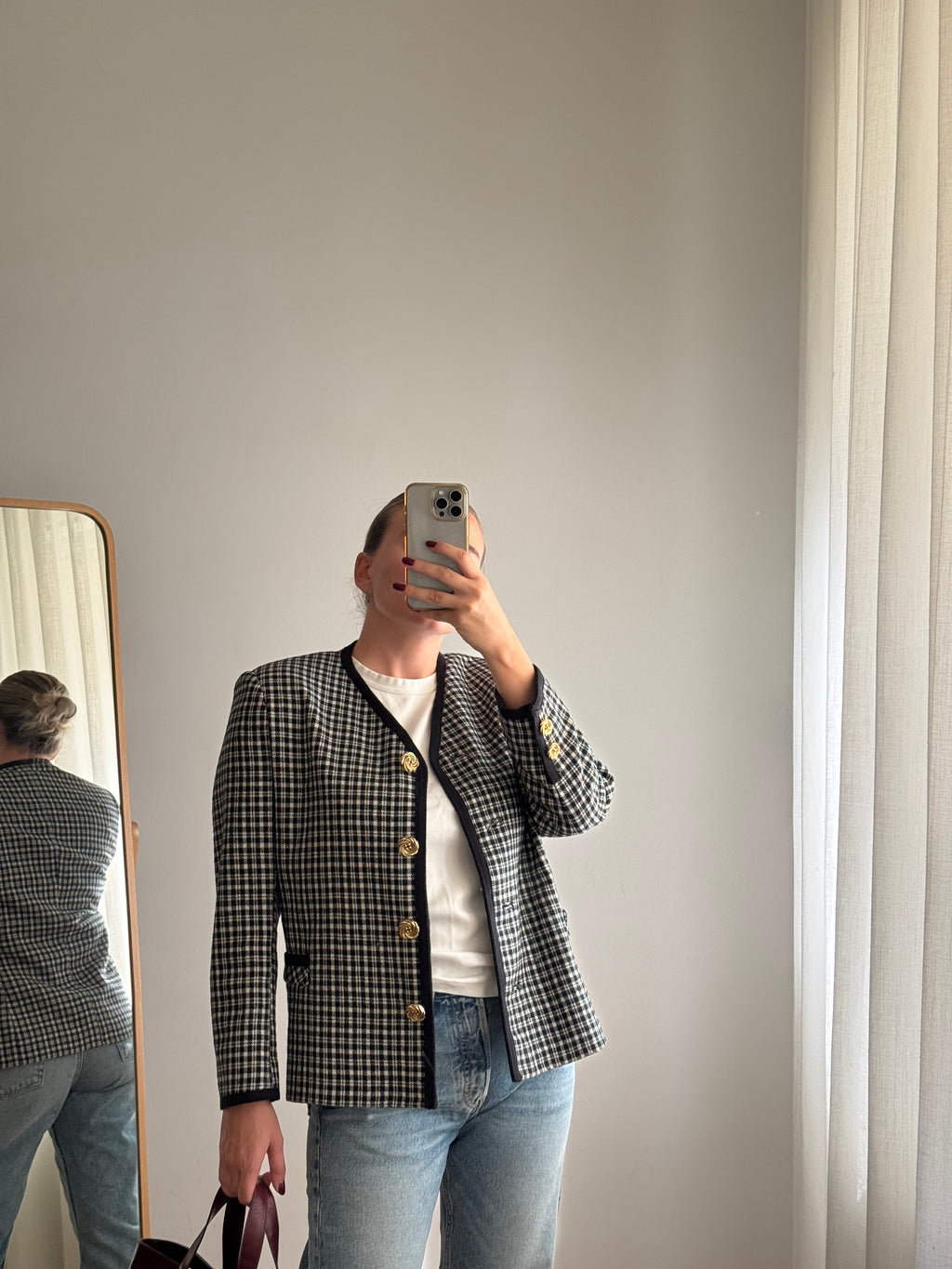 Giacca check bianca e nera in lana