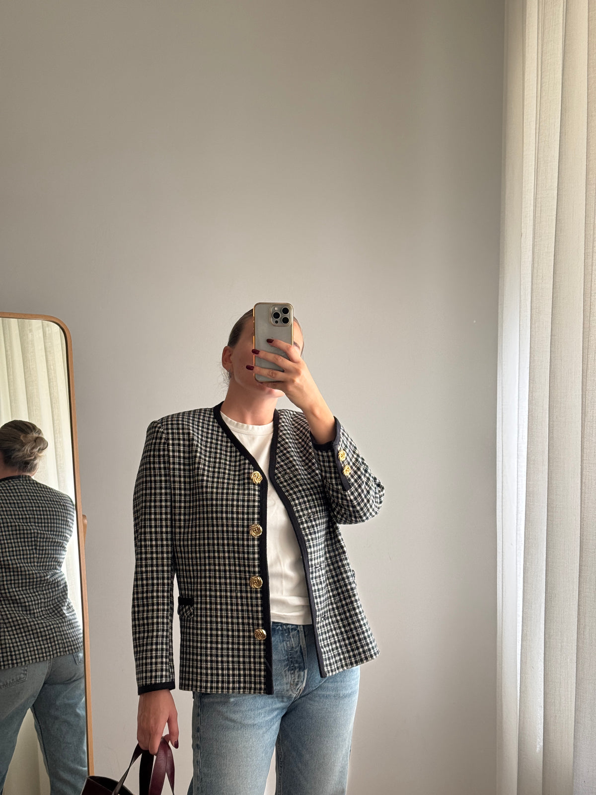 Giacca check bianca e nera in lana