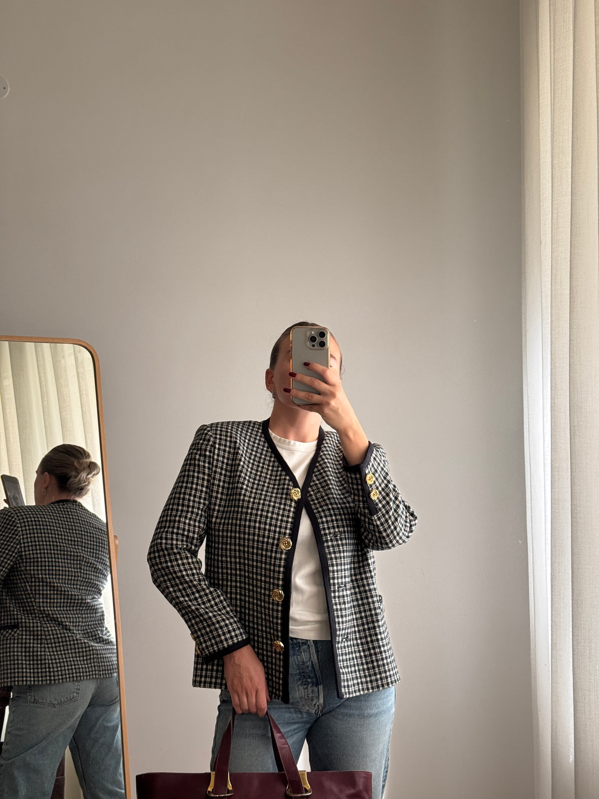 Giacca check bianca e nera in lana