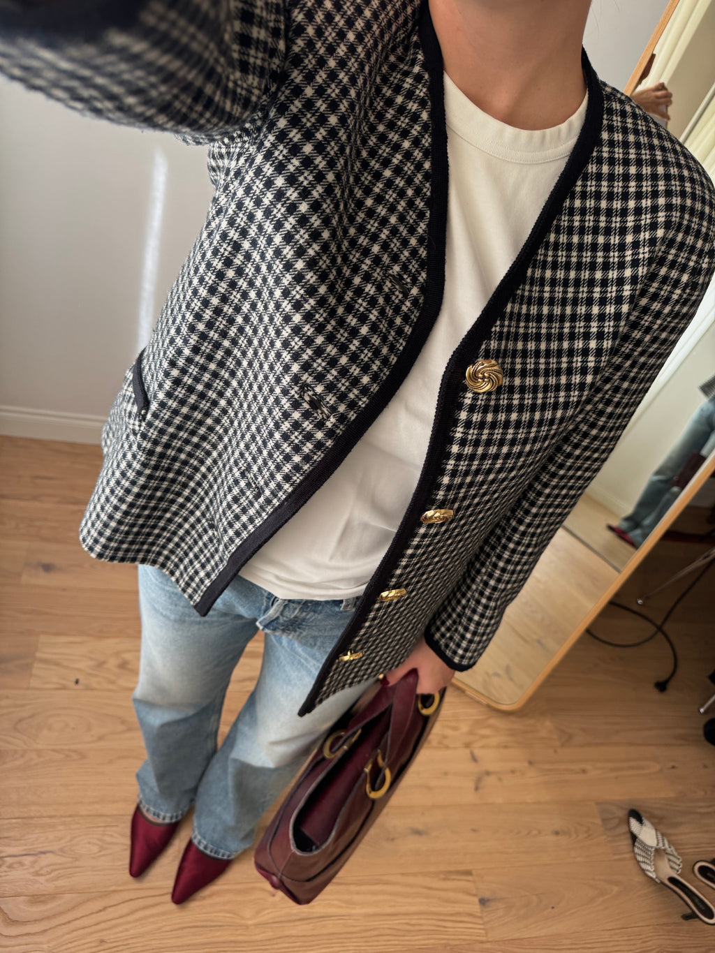Giacca check bianca e nera in lana