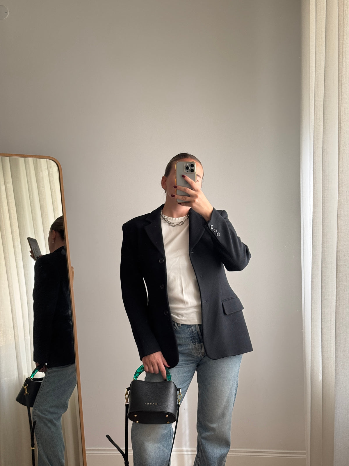 Blazer nero avvitato in lana e viscosa
