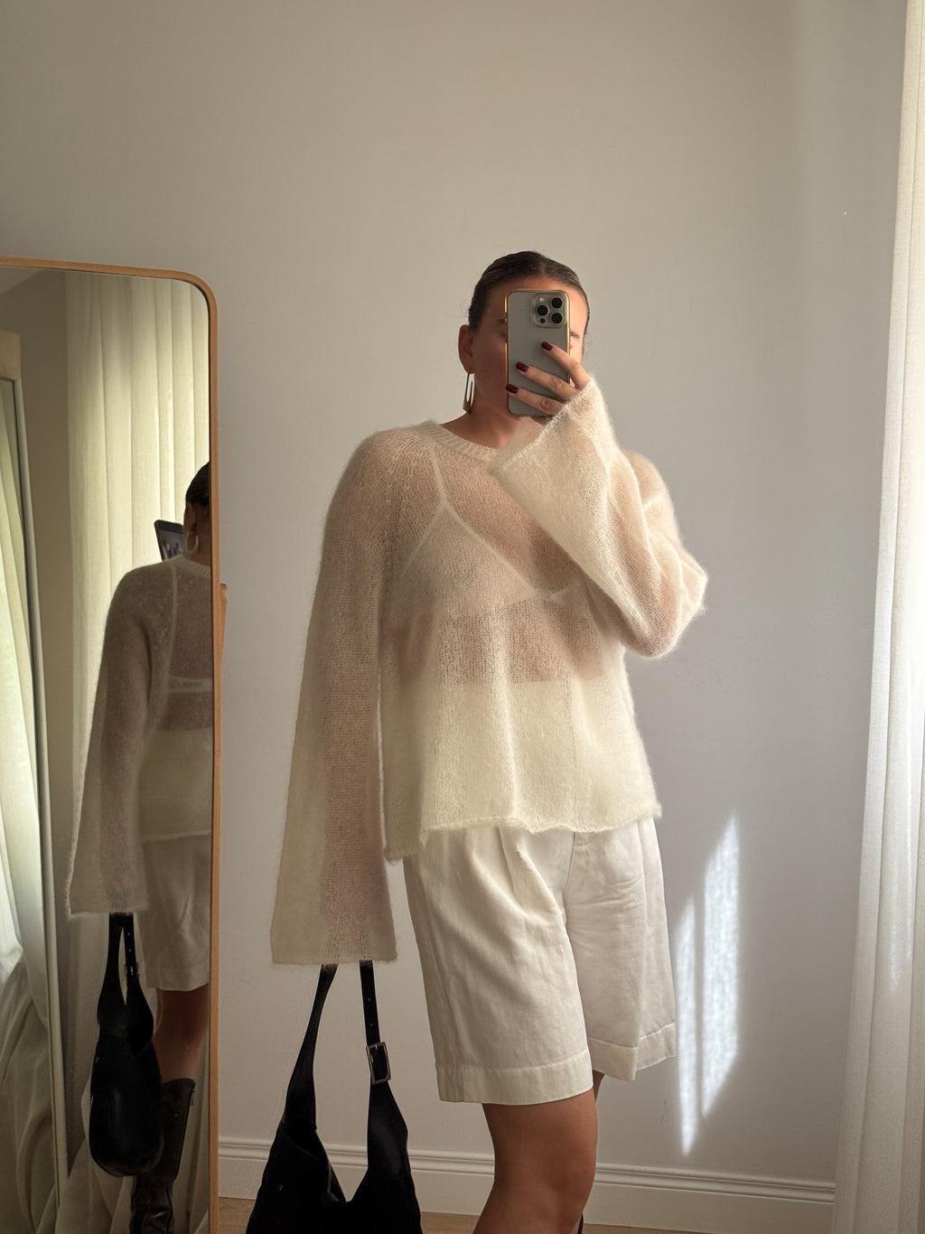 Maglione kid mohair con maniche svasate - Milk