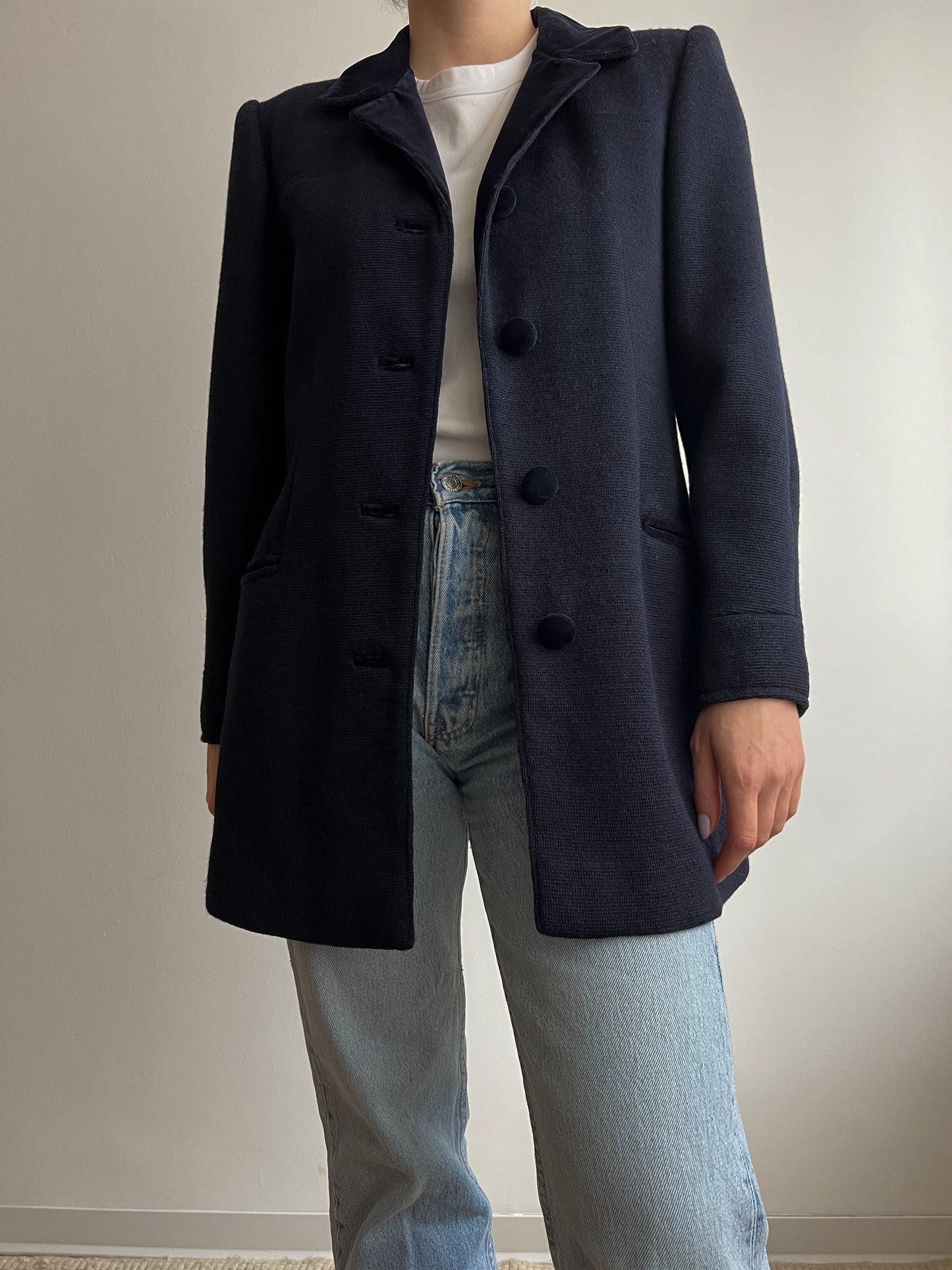 Blazer blu in lana e velluto