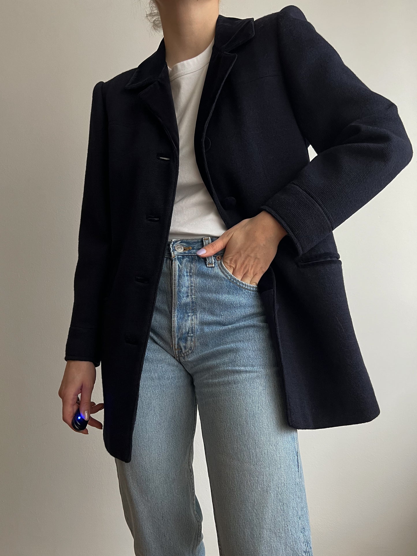 Blazer blu in lana e velluto