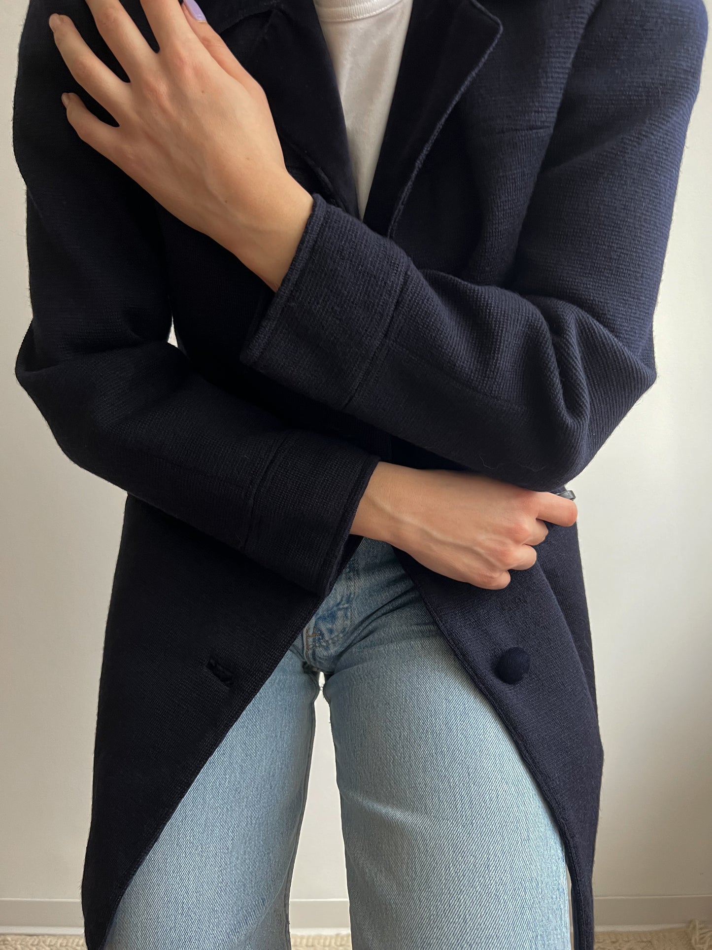 Blazer blu in lana e velluto