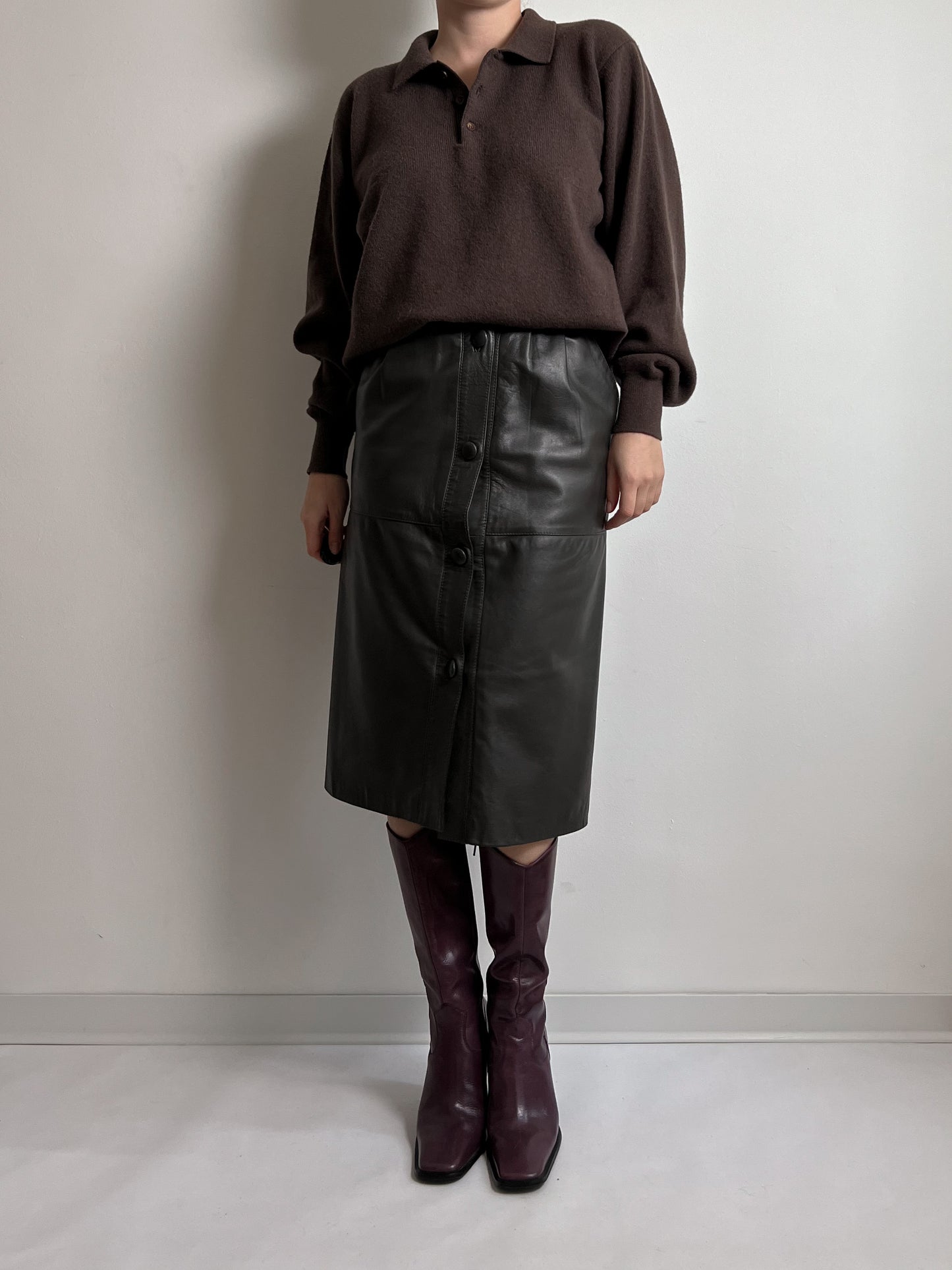 Real leather brown midi skirt