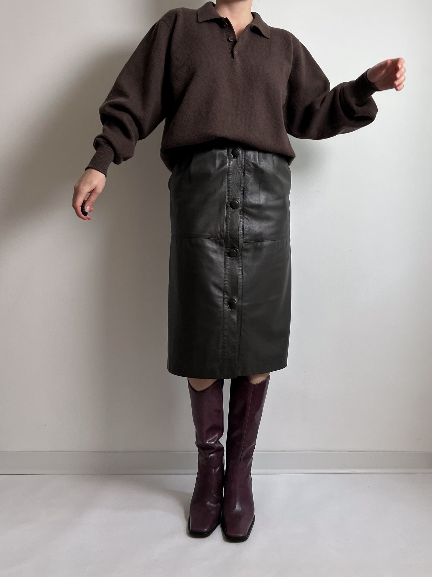 Real leather brown midi skirt