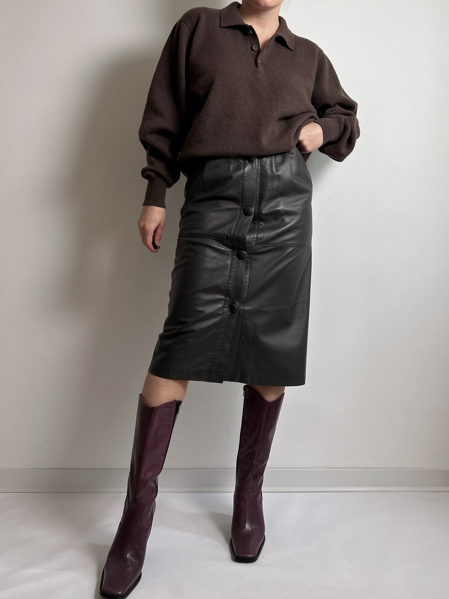 Real leather brown midi skirt