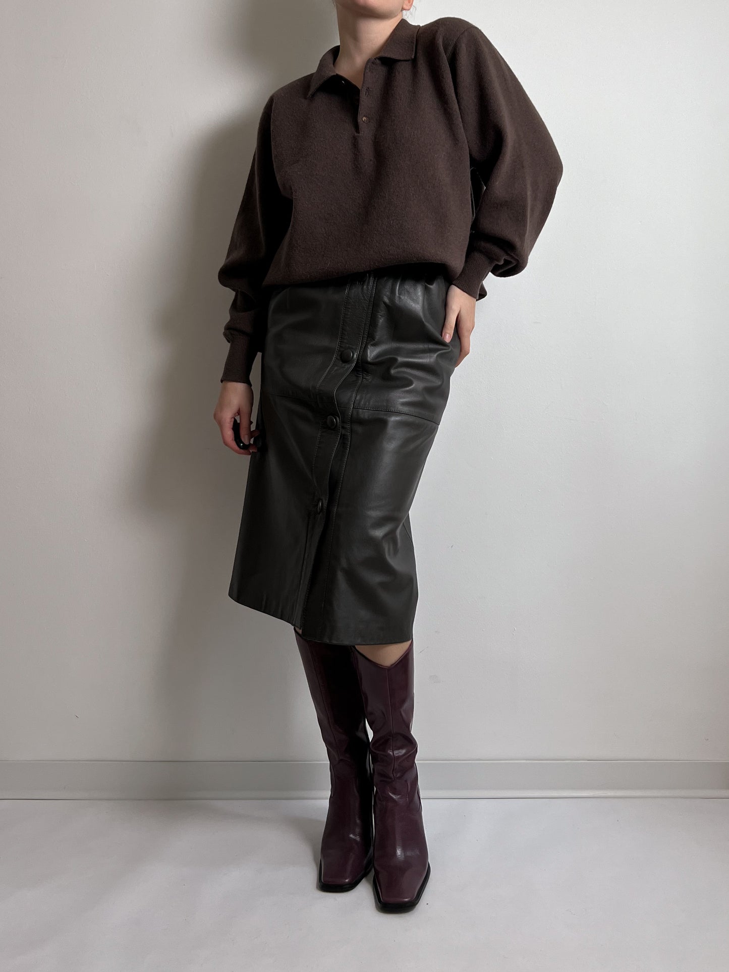 Real leather brown midi skirt