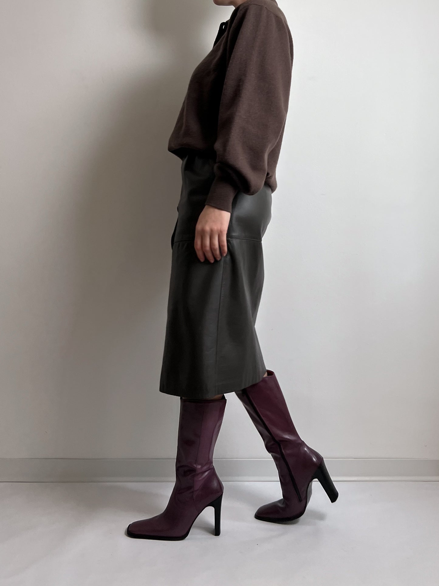 Real leather brown midi skirt