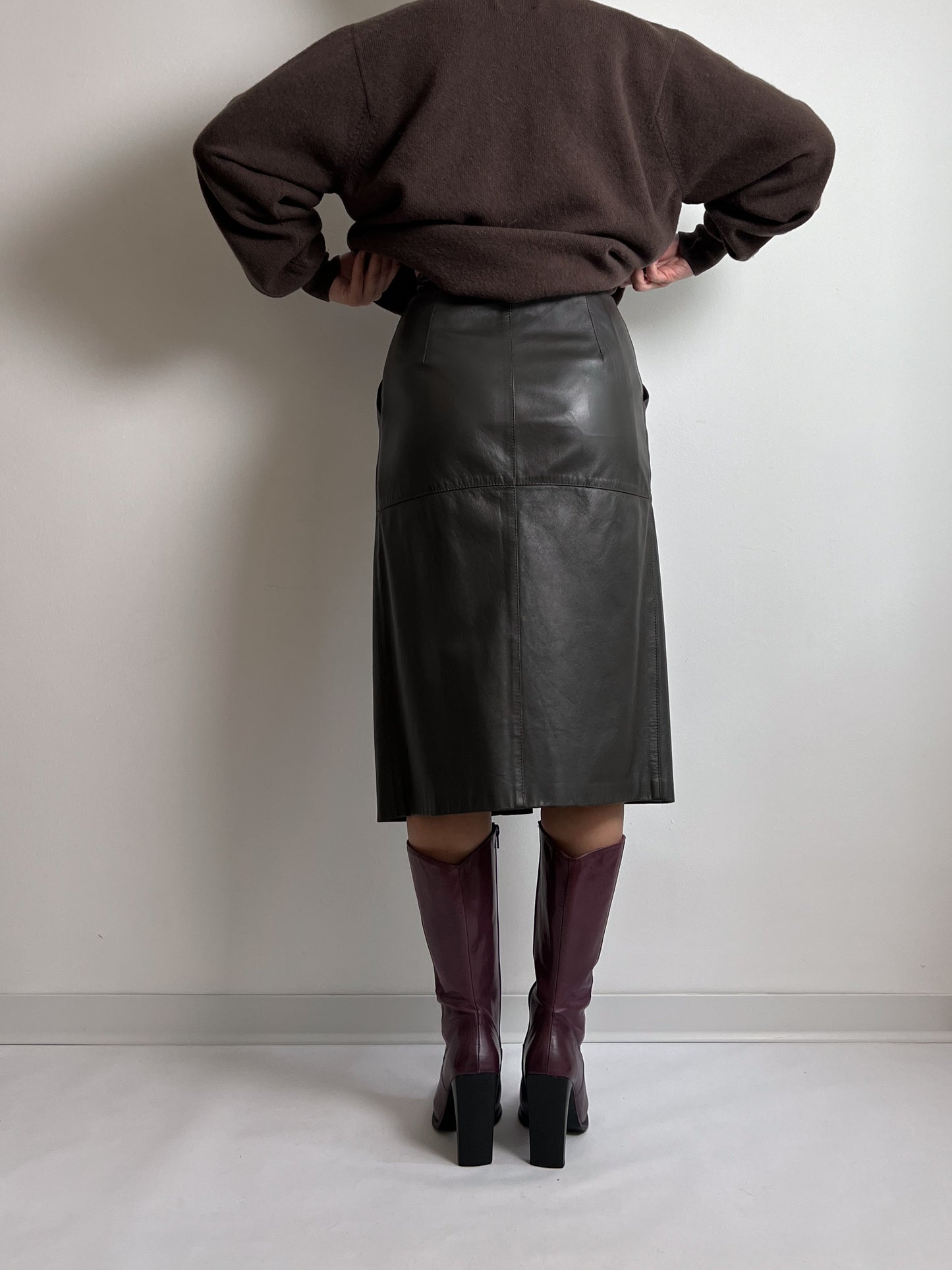 Real leather brown midi skirt