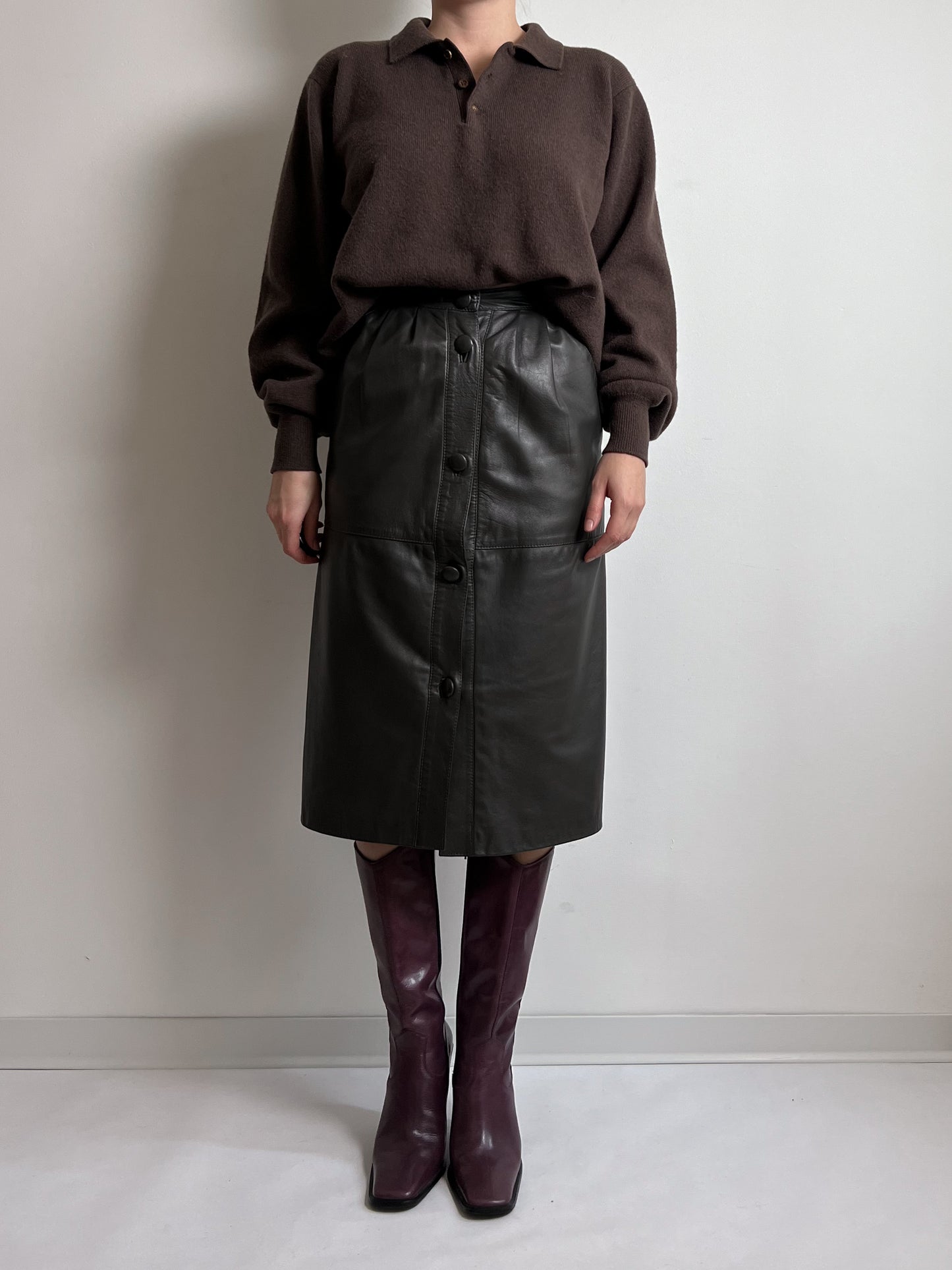 Real leather brown midi skirt