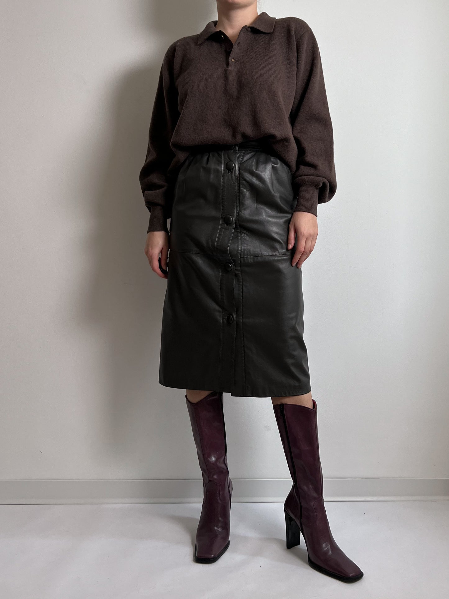 Real leather brown midi skirt