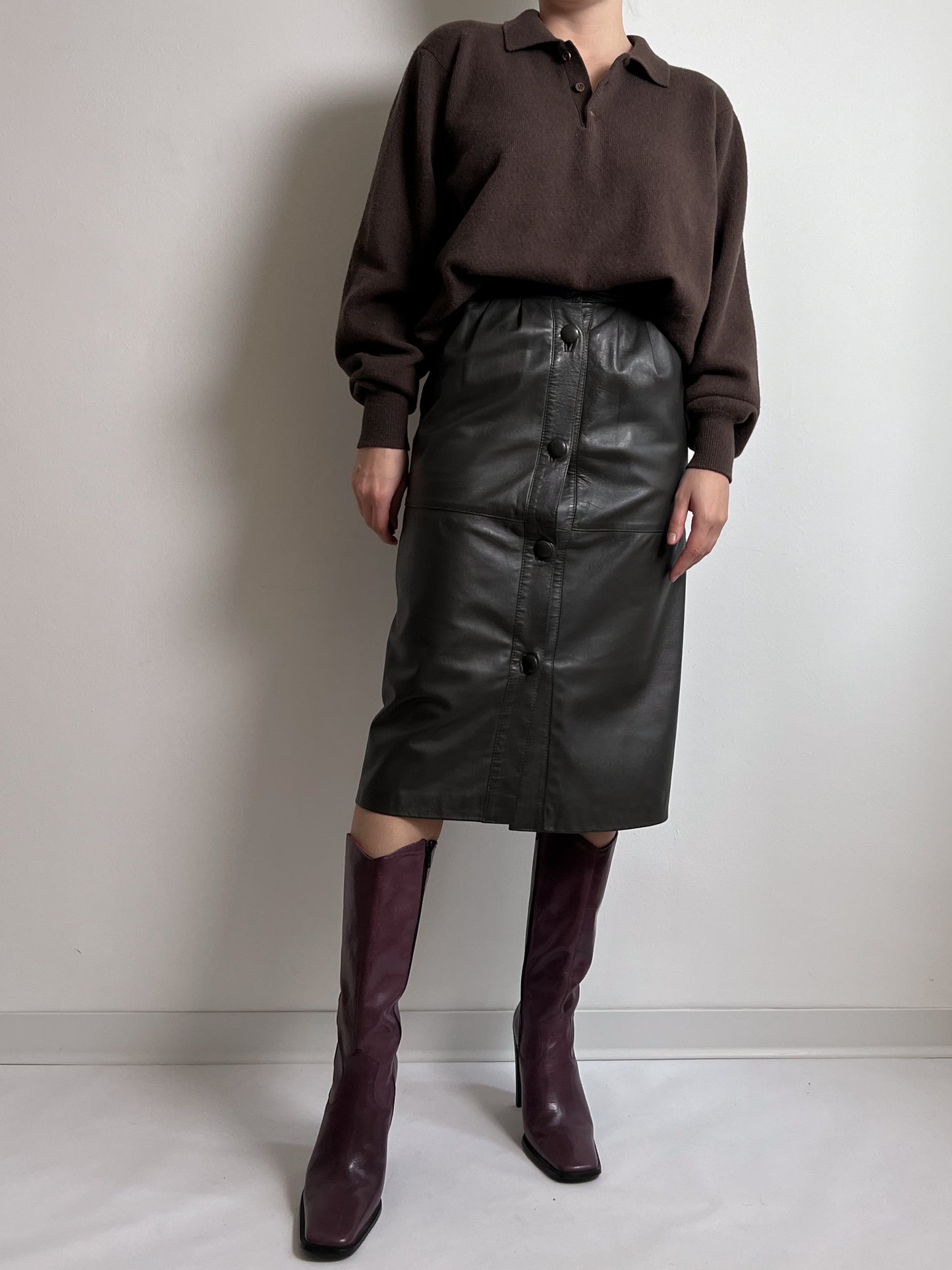 Real leather brown midi skirt