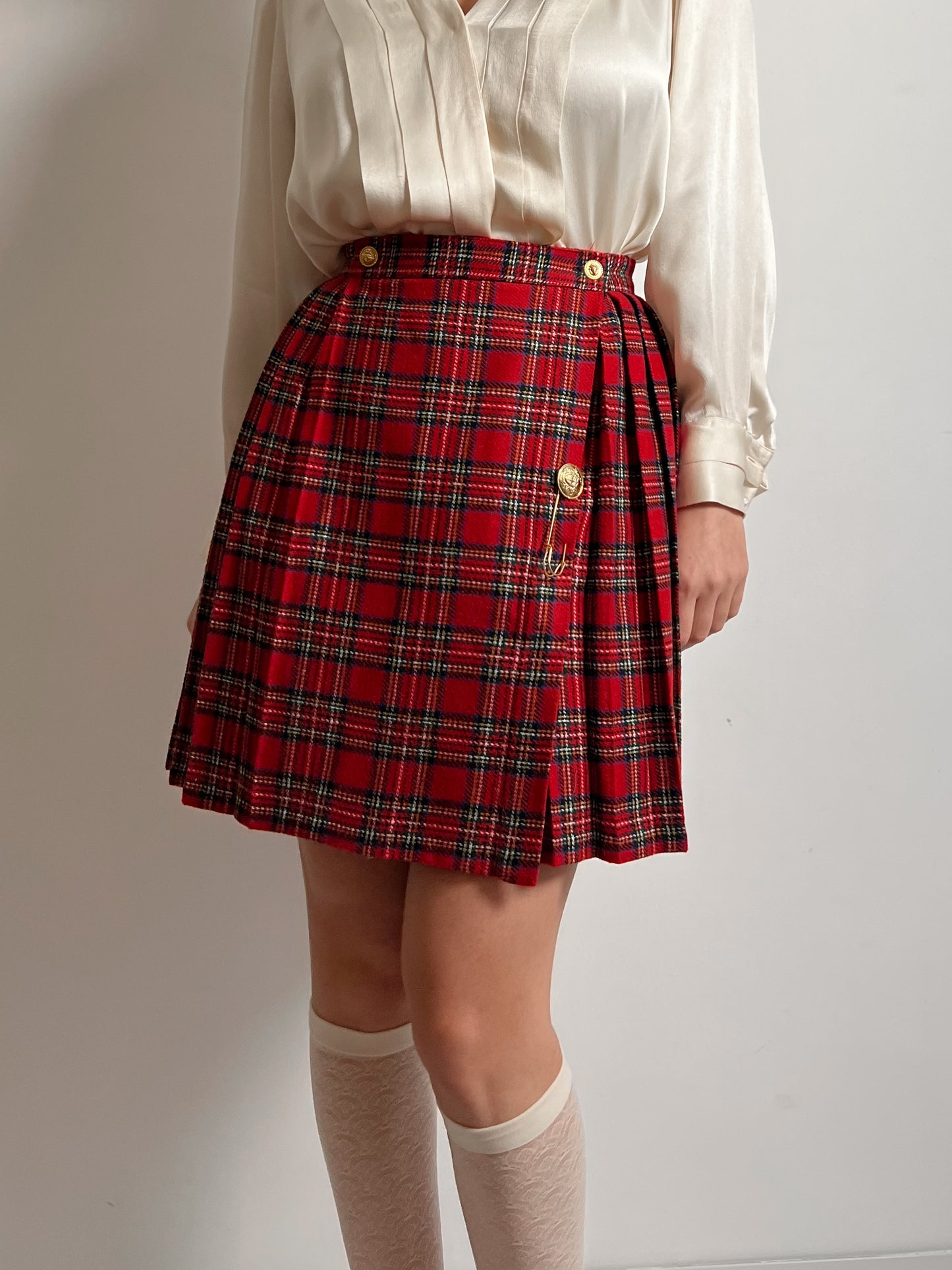 Pure wool pleated tartan mini skirt