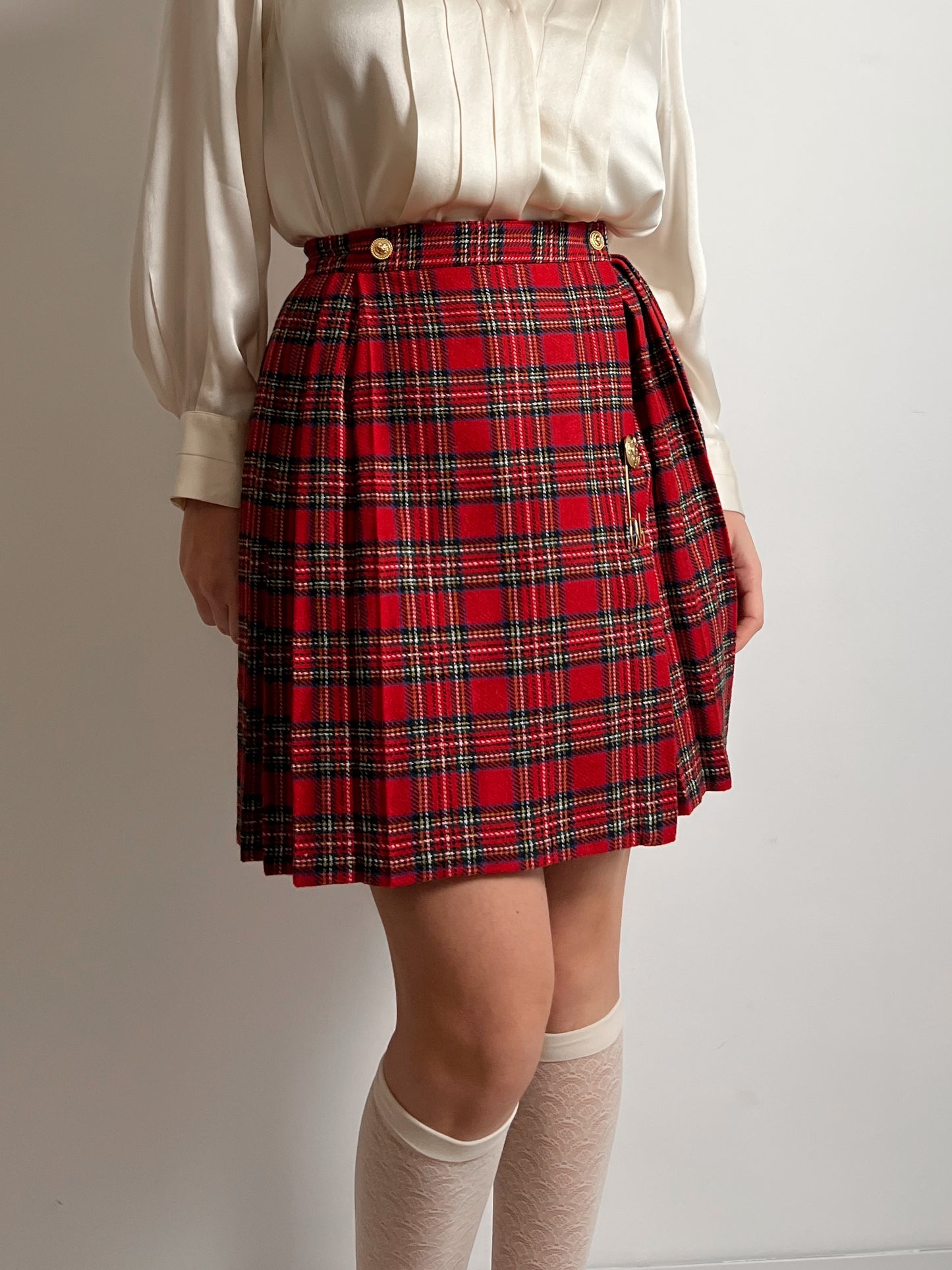 Pure wool pleated tartan mini skirt