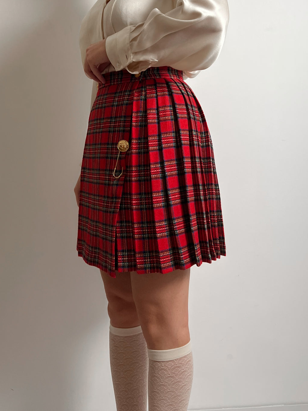 Pure wool pleated tartan mini skirt