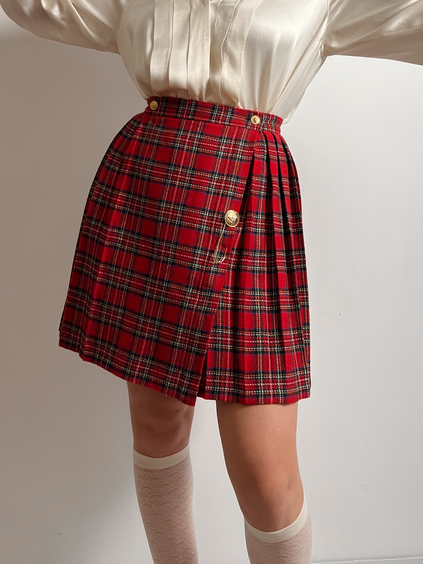 Pure wool pleated tartan mini skirt