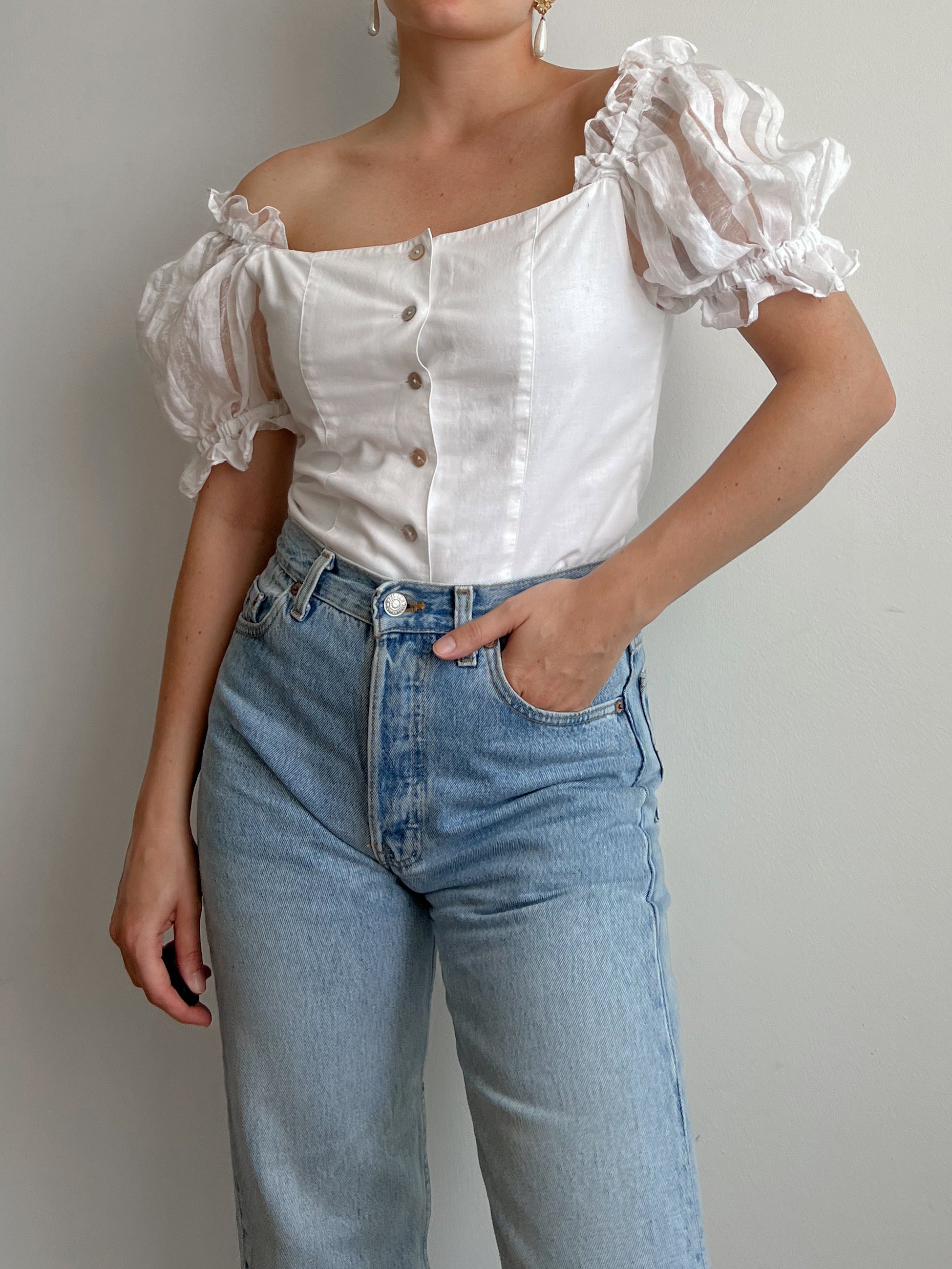 Top bianco in cotone e lino