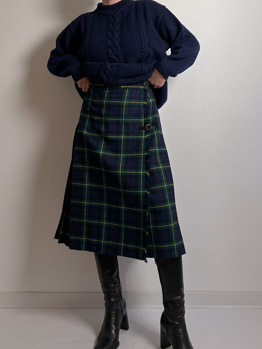 Wool blend pleated tartan skirt