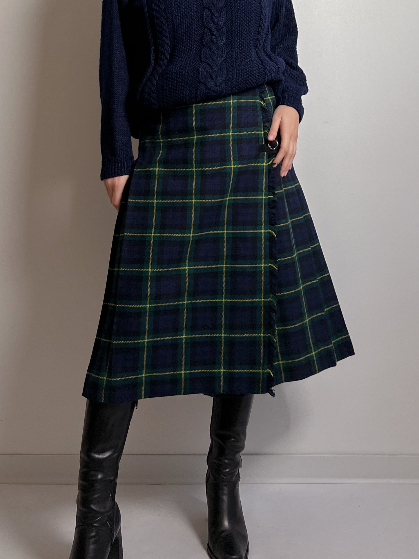 Wool blend pleated tartan skirt