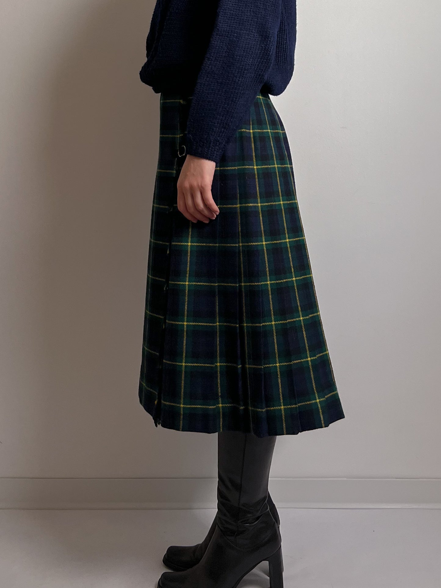 Wool blend pleated tartan skirt