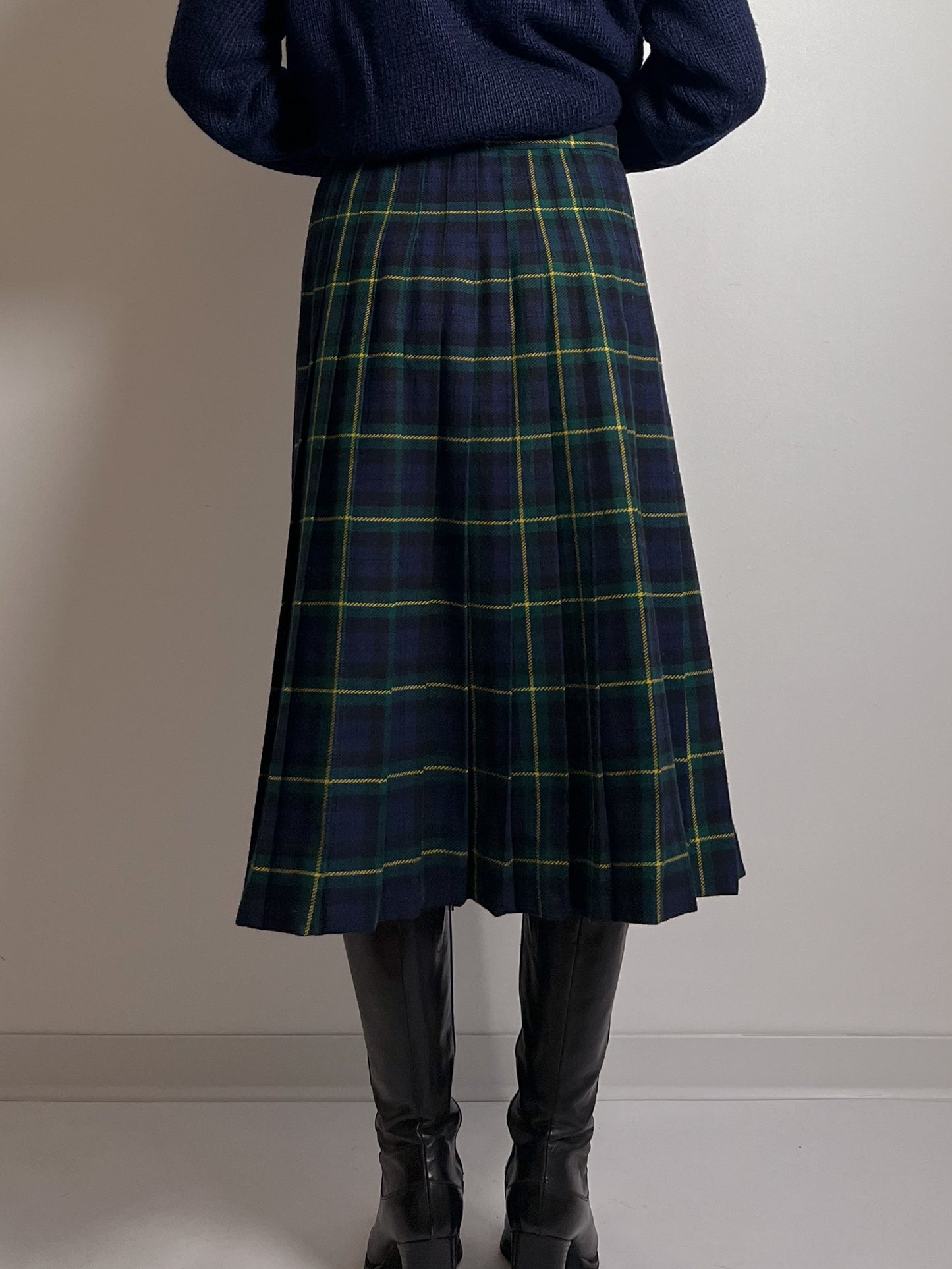 Wool blend pleated tartan skirt