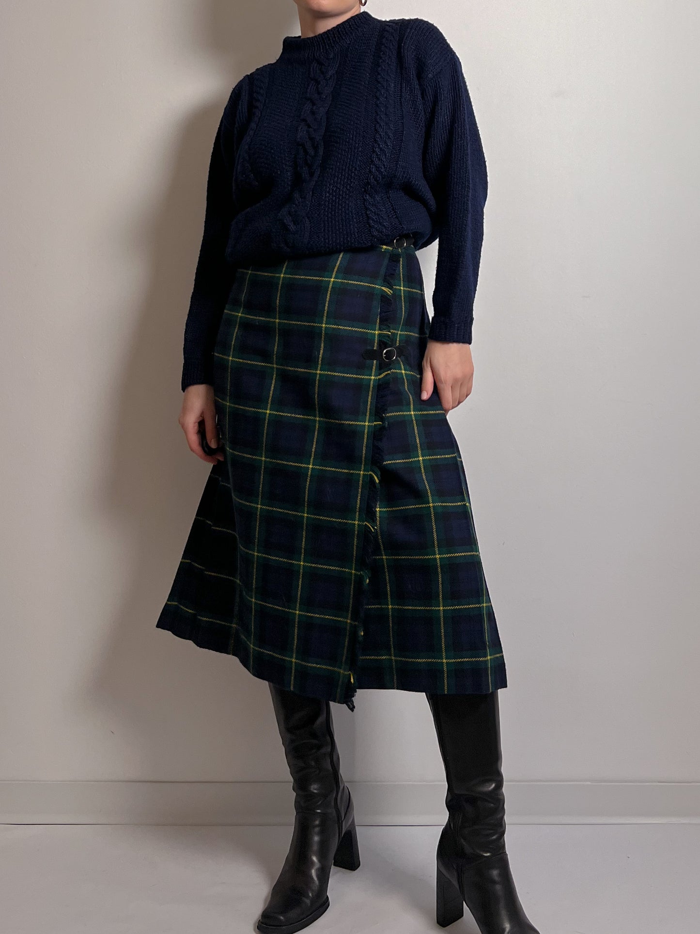 Wool blend pleated tartan skirt