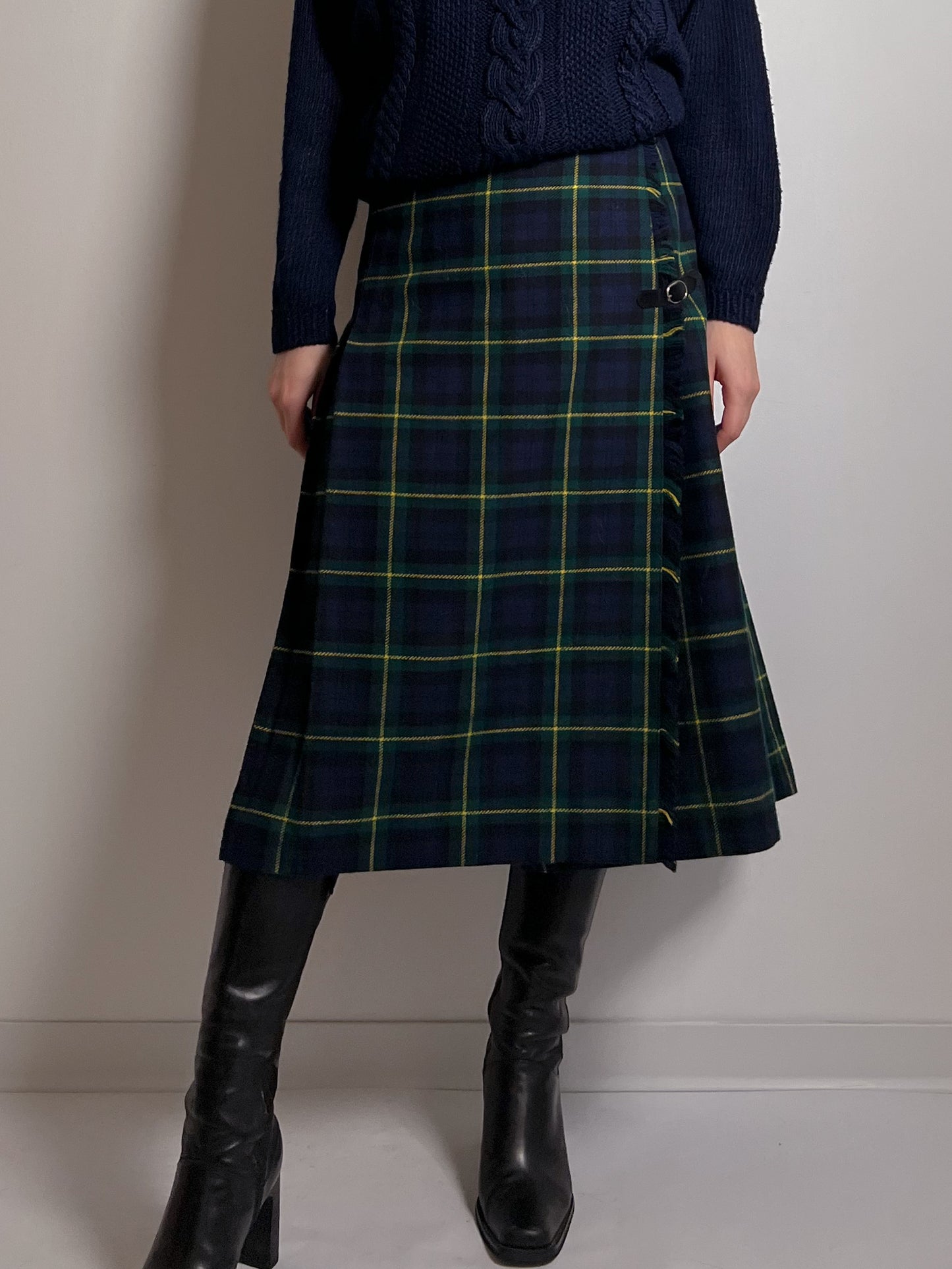 Wool blend pleated tartan skirt