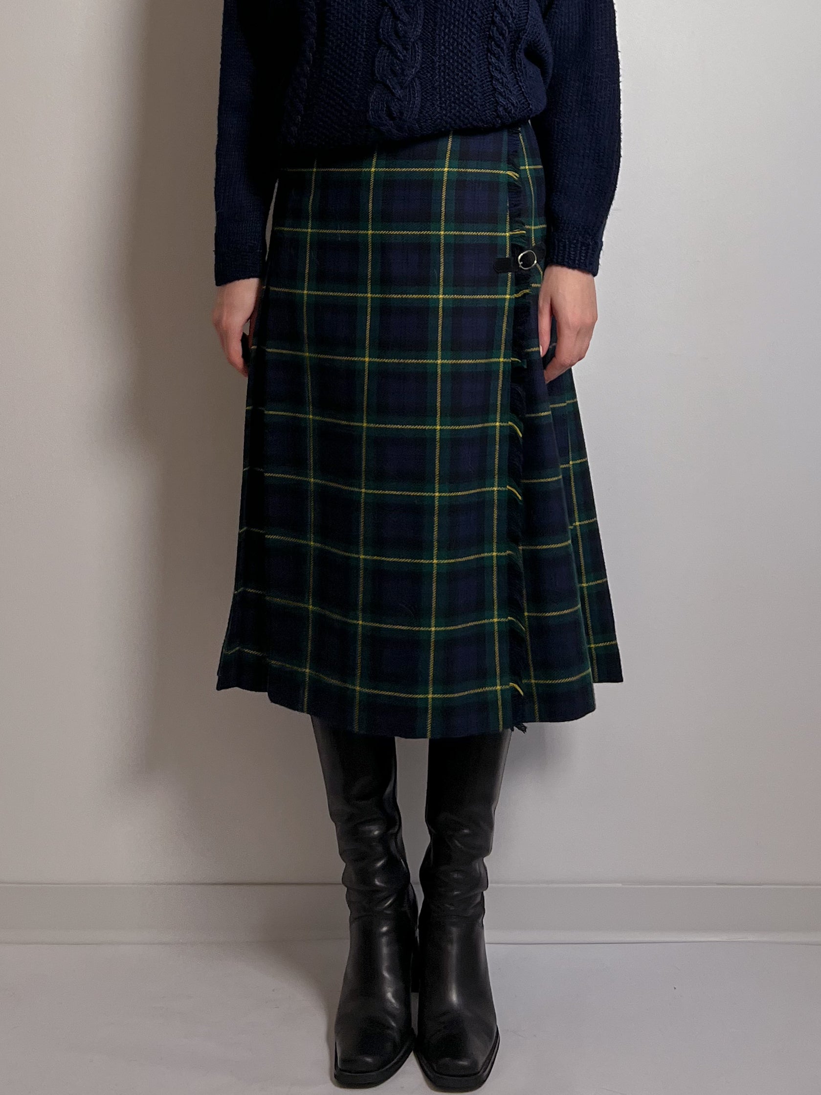 Wool blend pleated tartan skirt