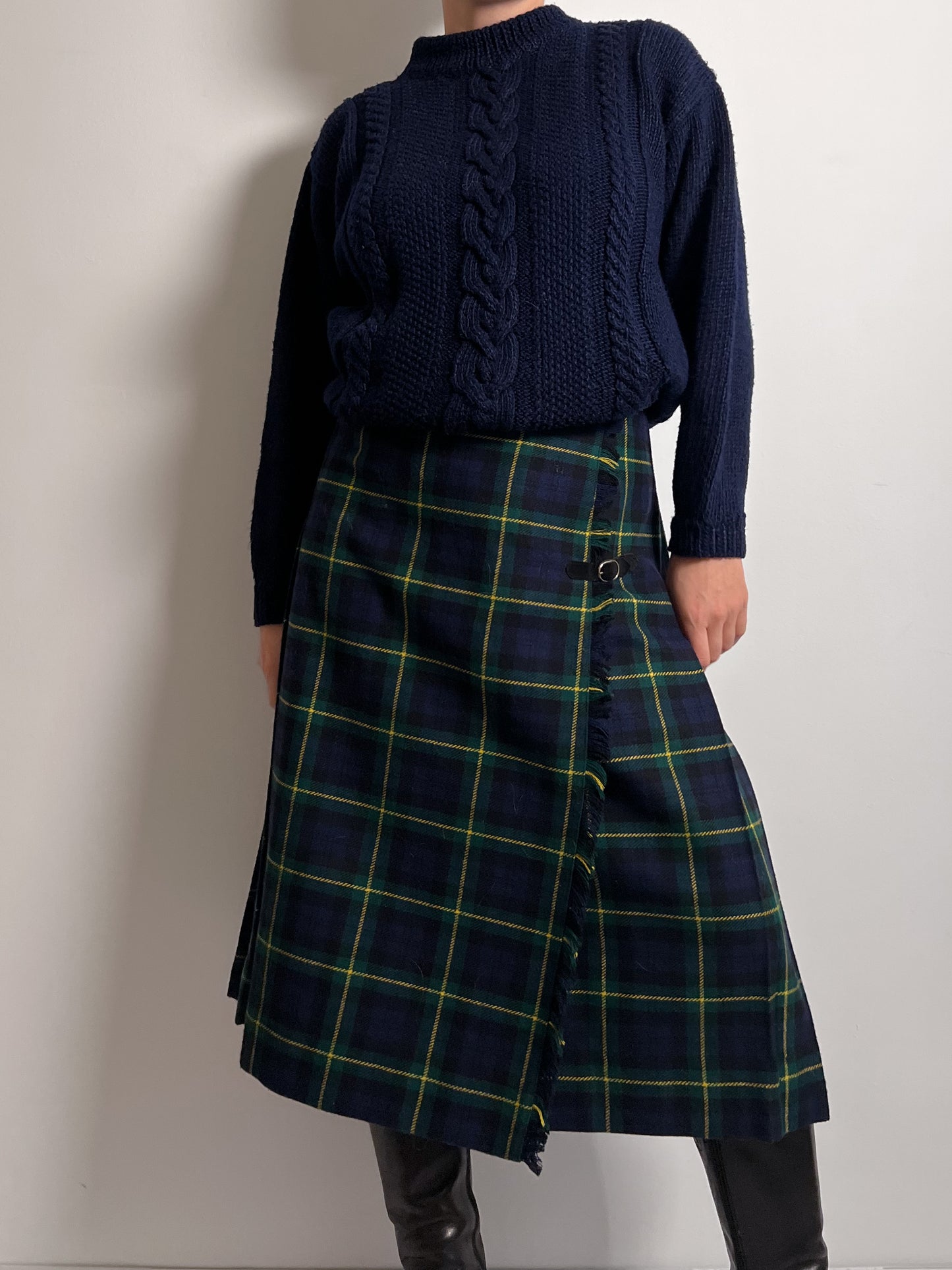 Wool blend pleated tartan skirt