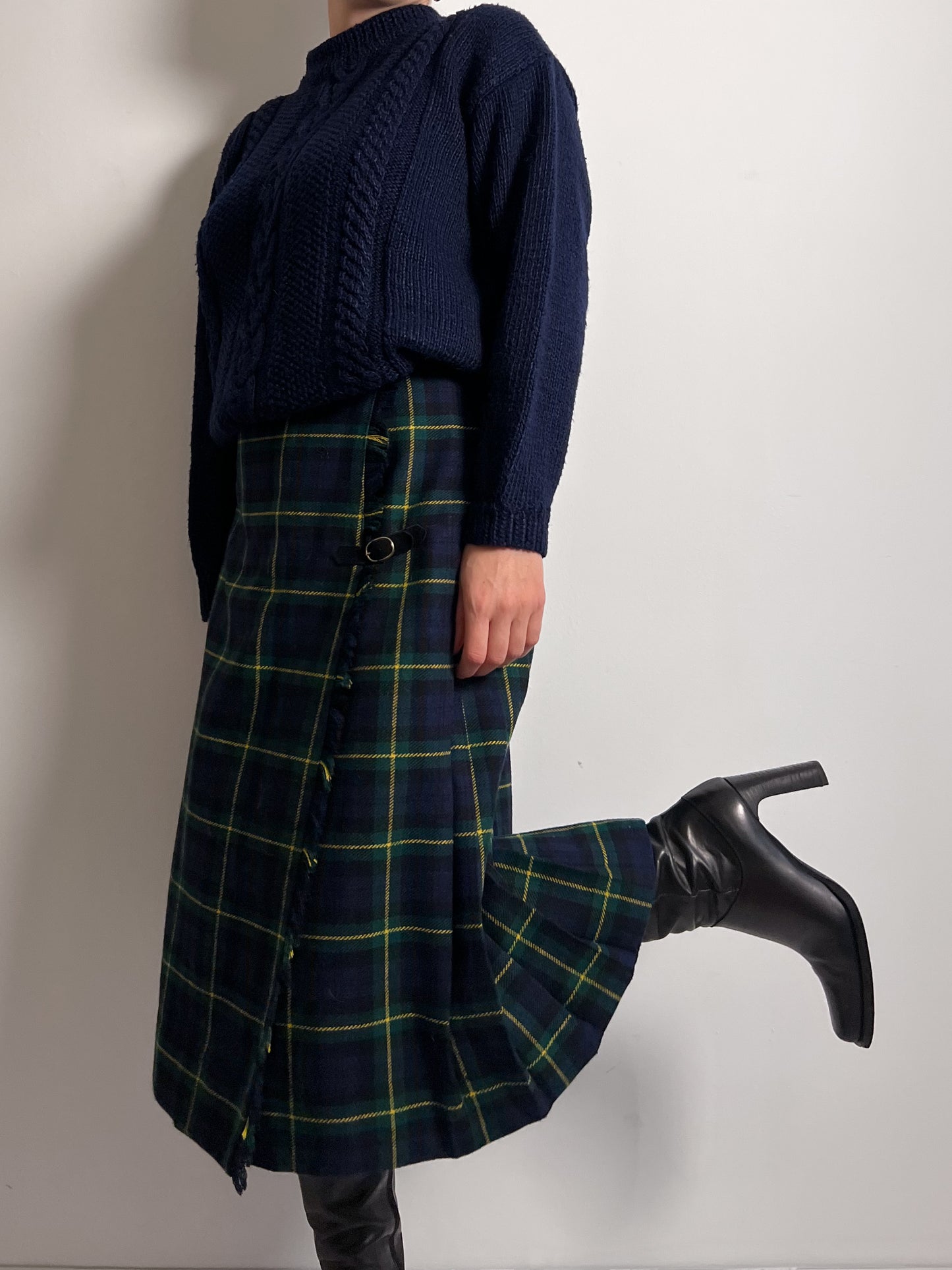 Wool blend pleated tartan skirt