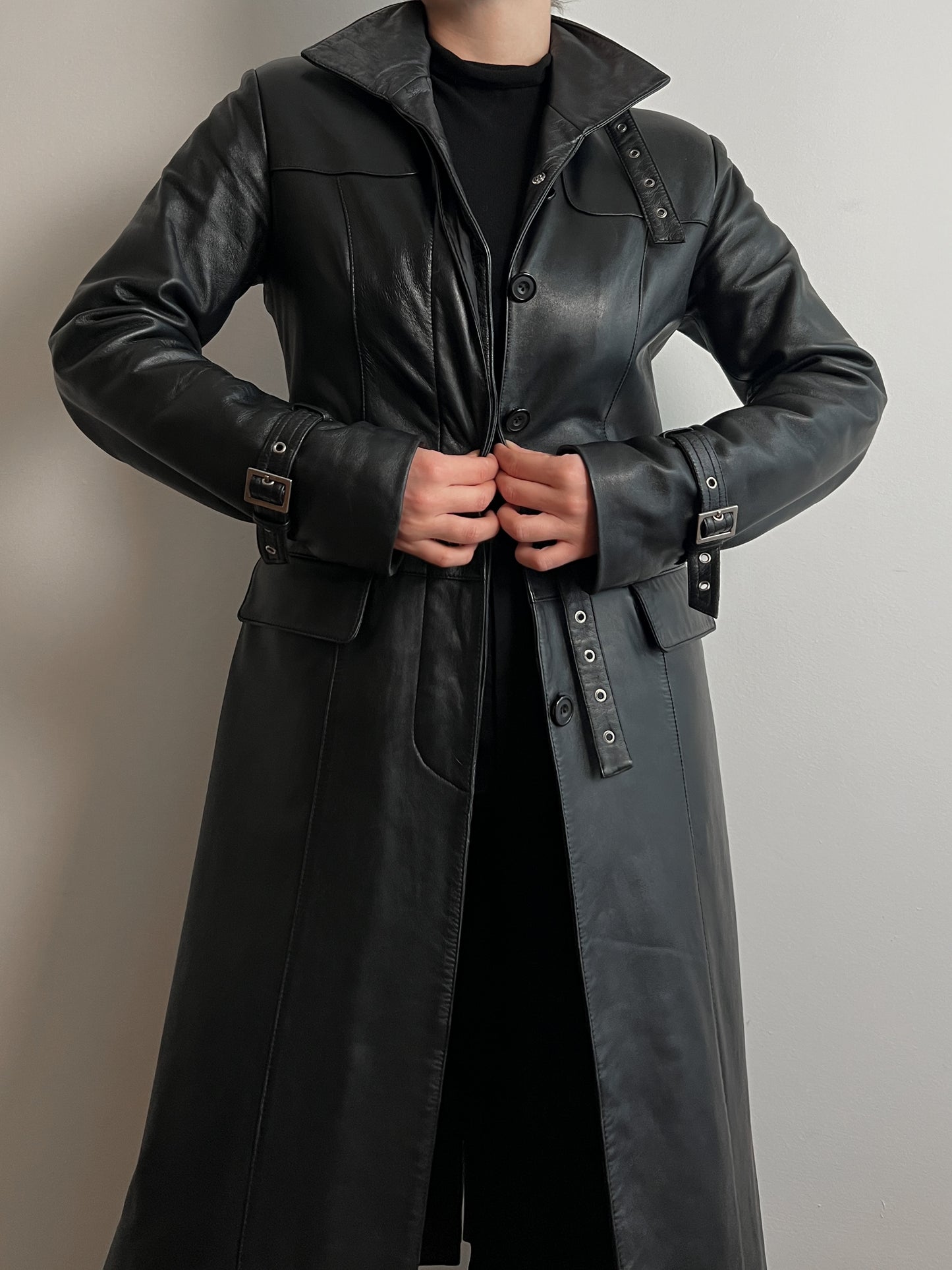 Real leather black long jacket