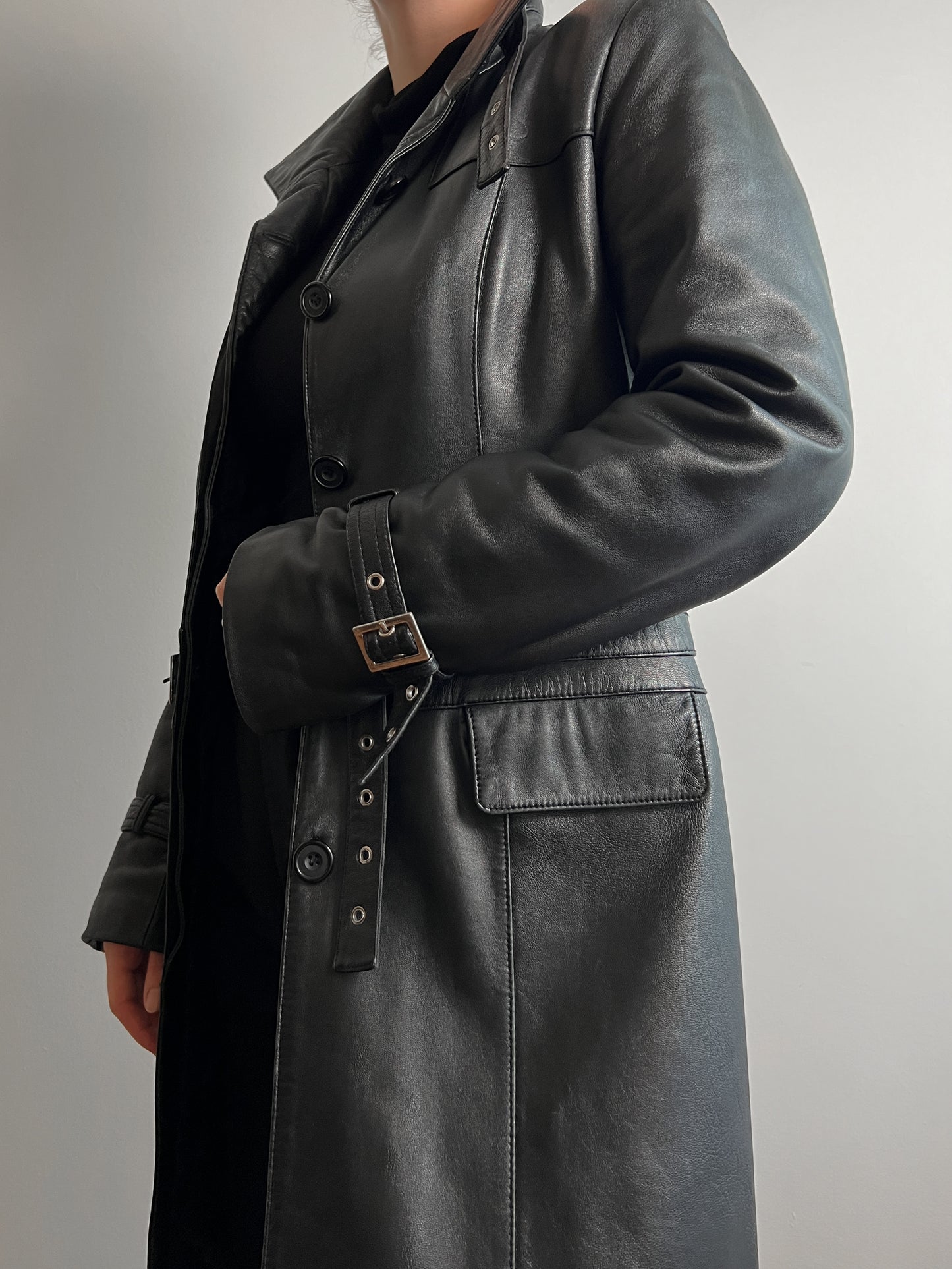 Real leather black long jacket