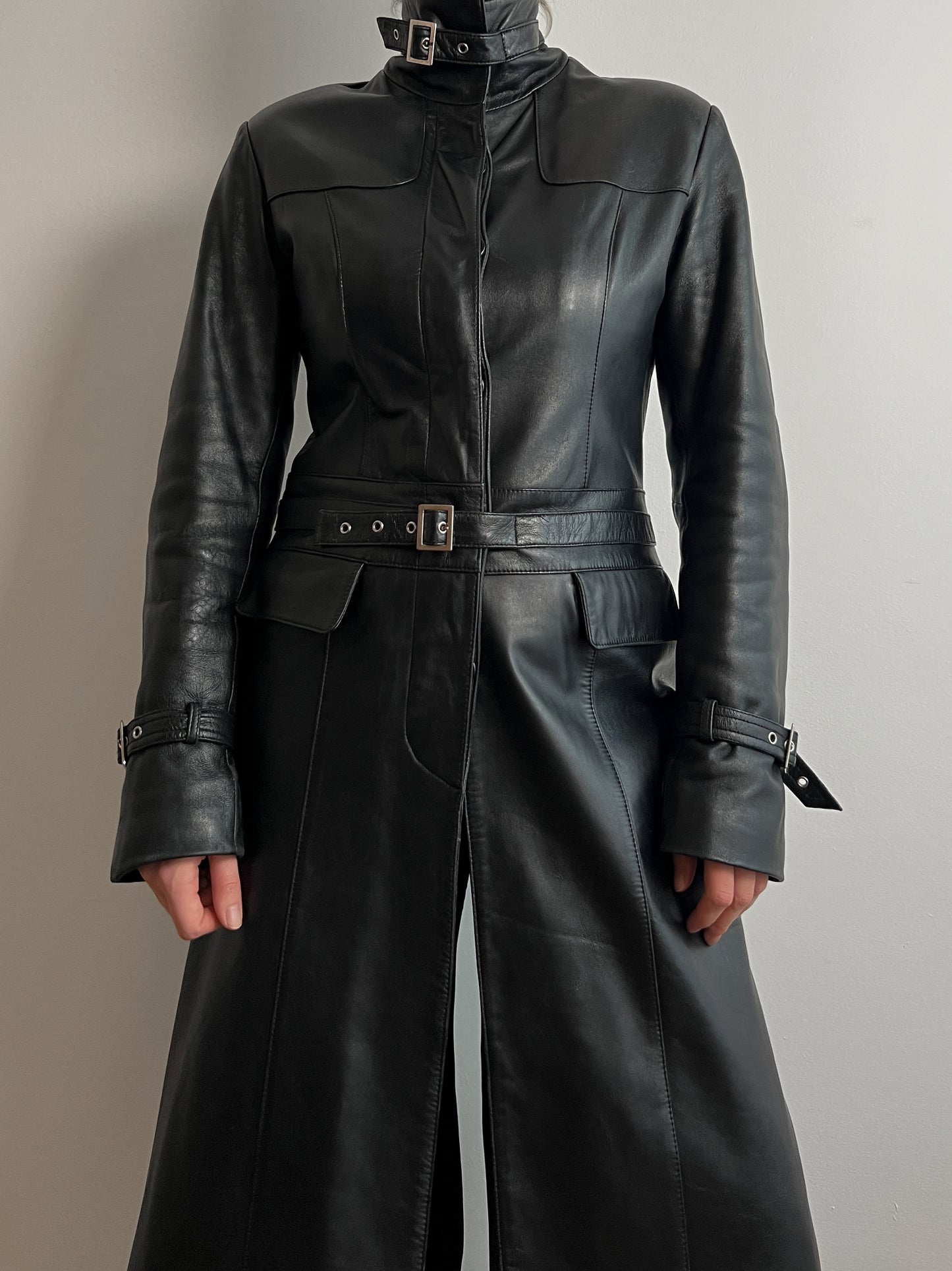 Real leather black long jacket