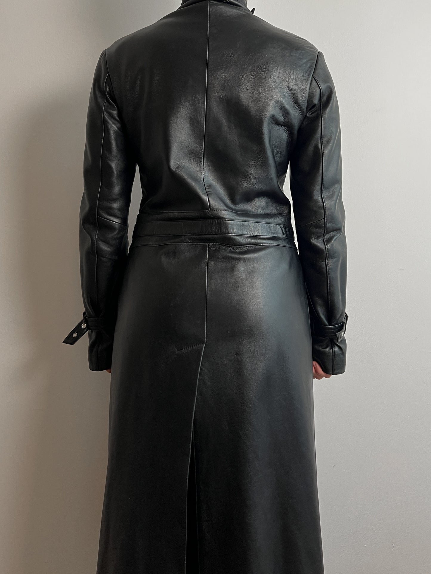 Real leather black long jacket