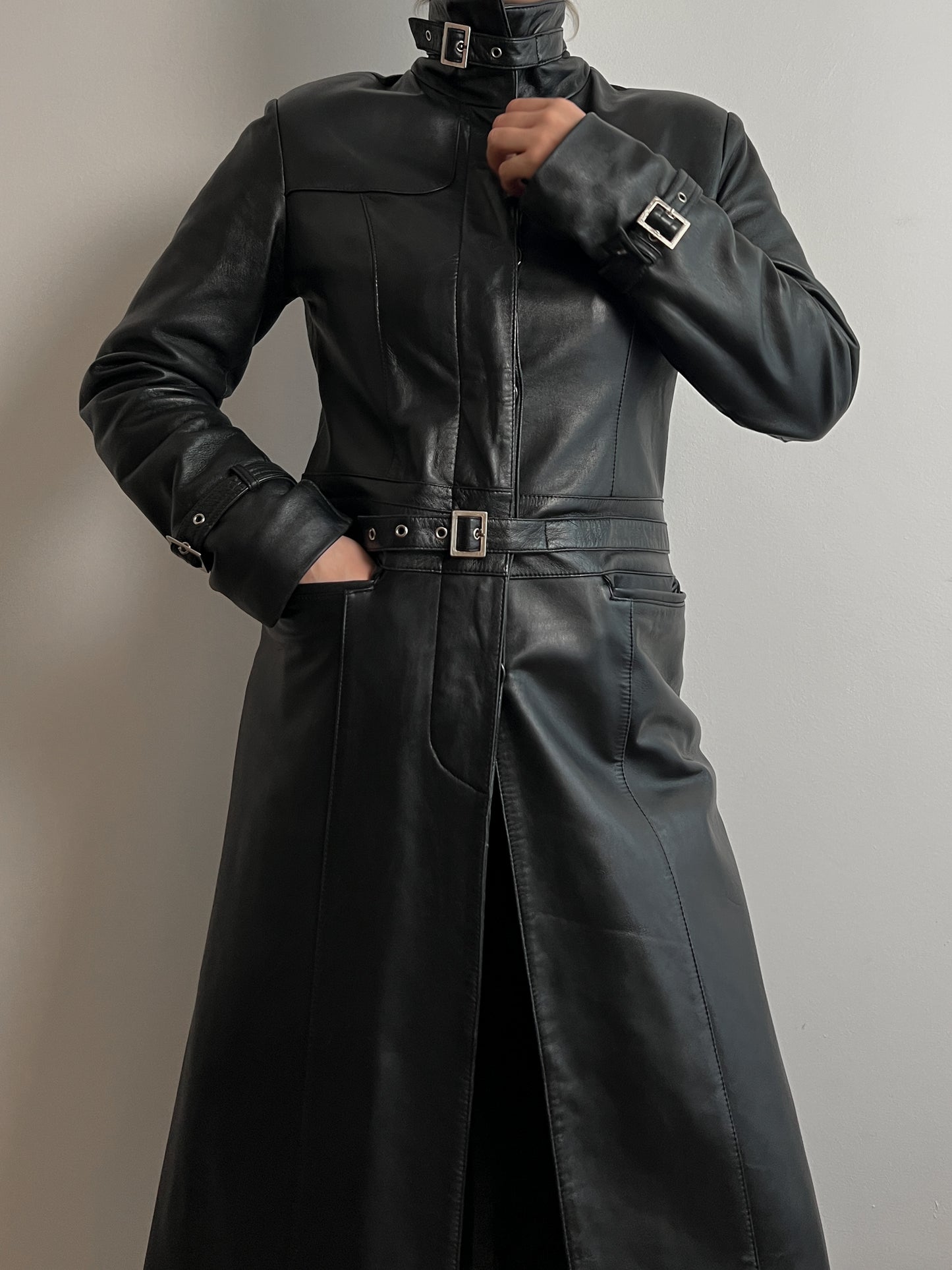 Real leather black long jacket