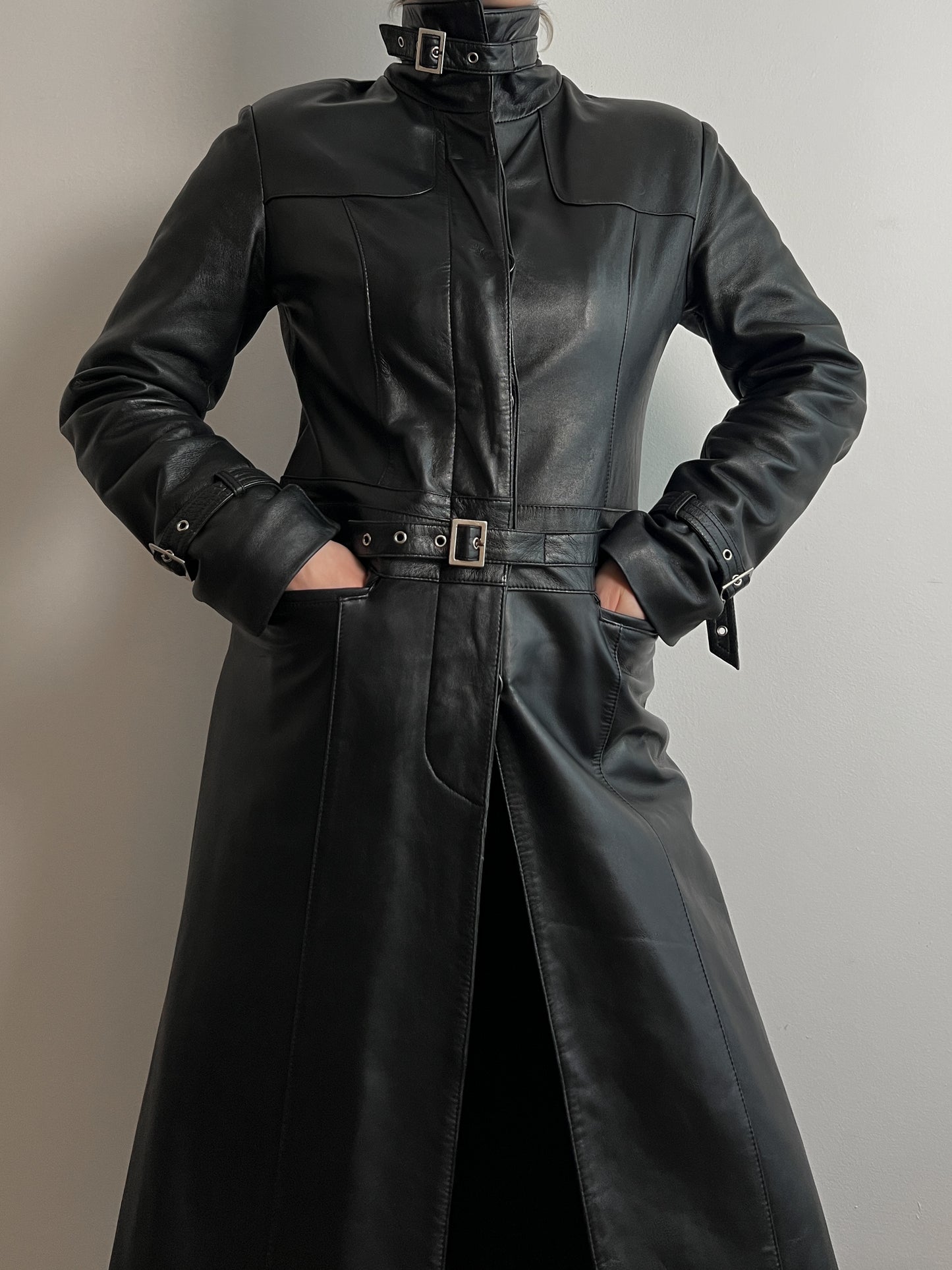 Real leather black long jacket