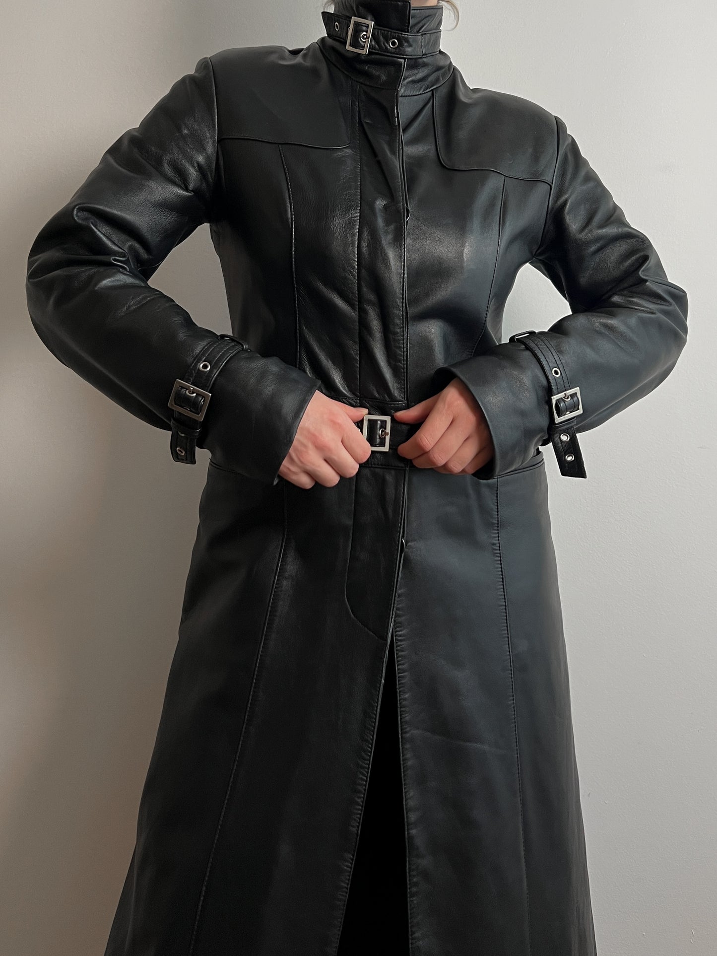 Real leather black long jacket