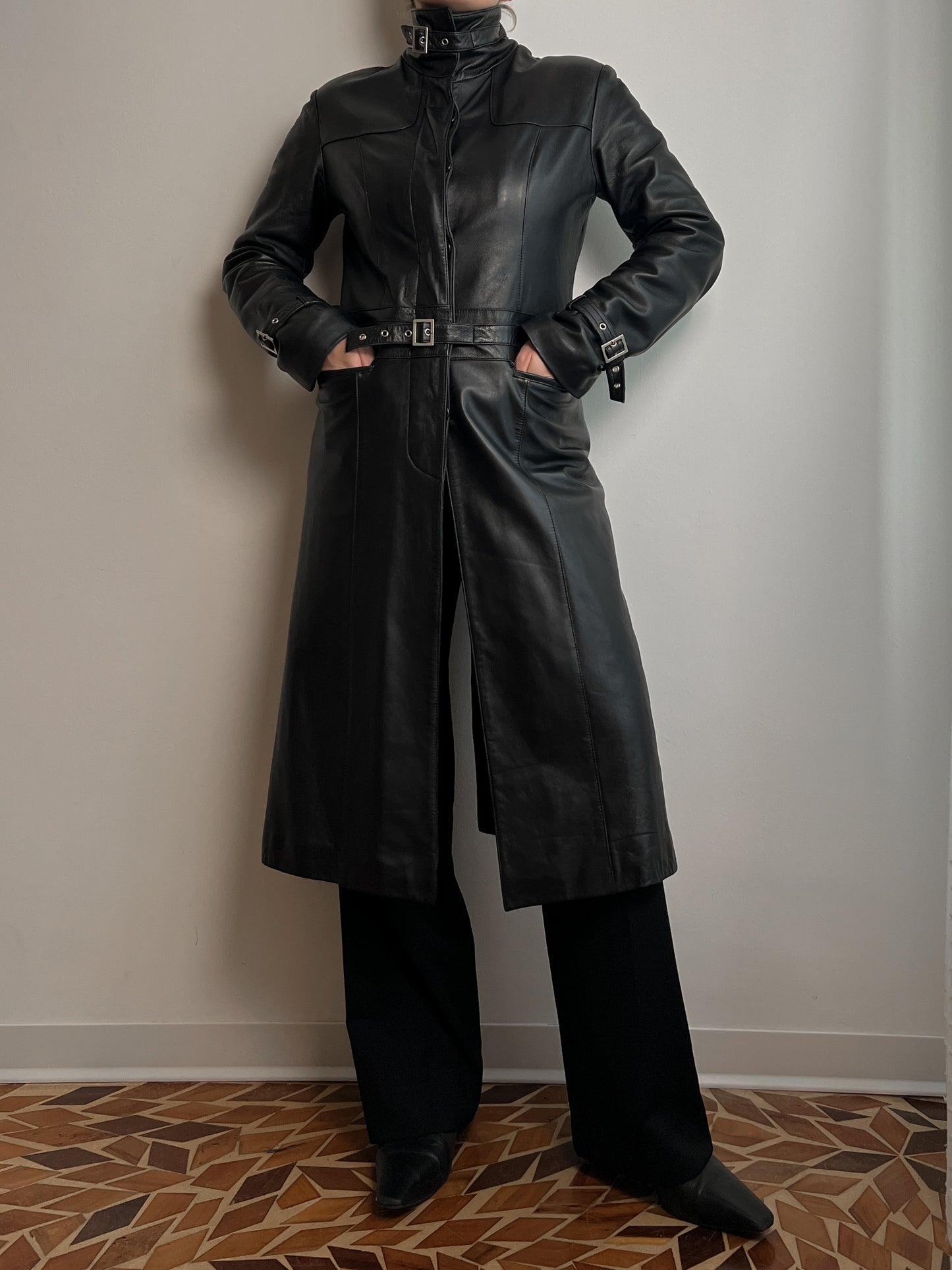 Real leather black long jacket