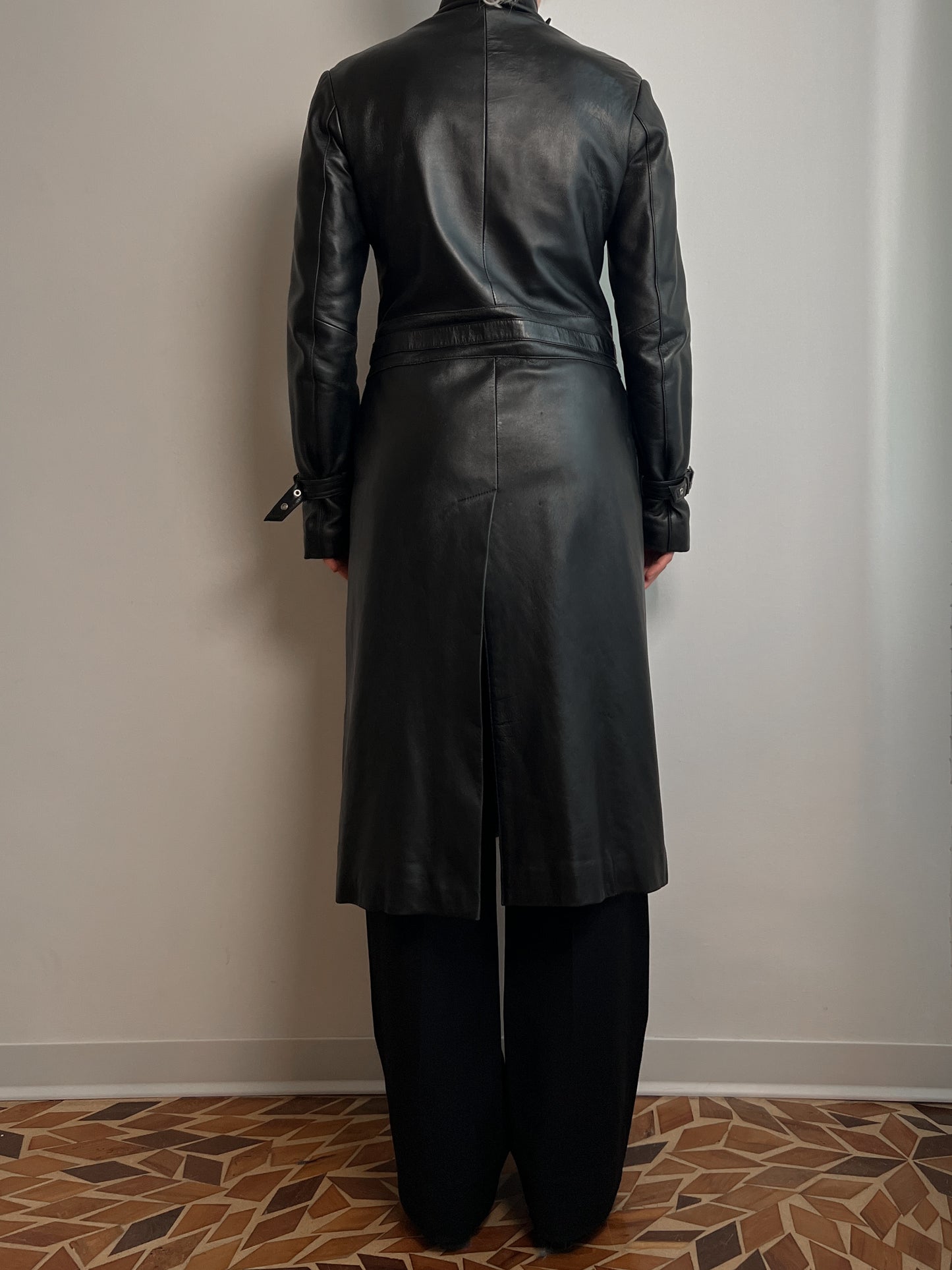 Real leather black long jacket