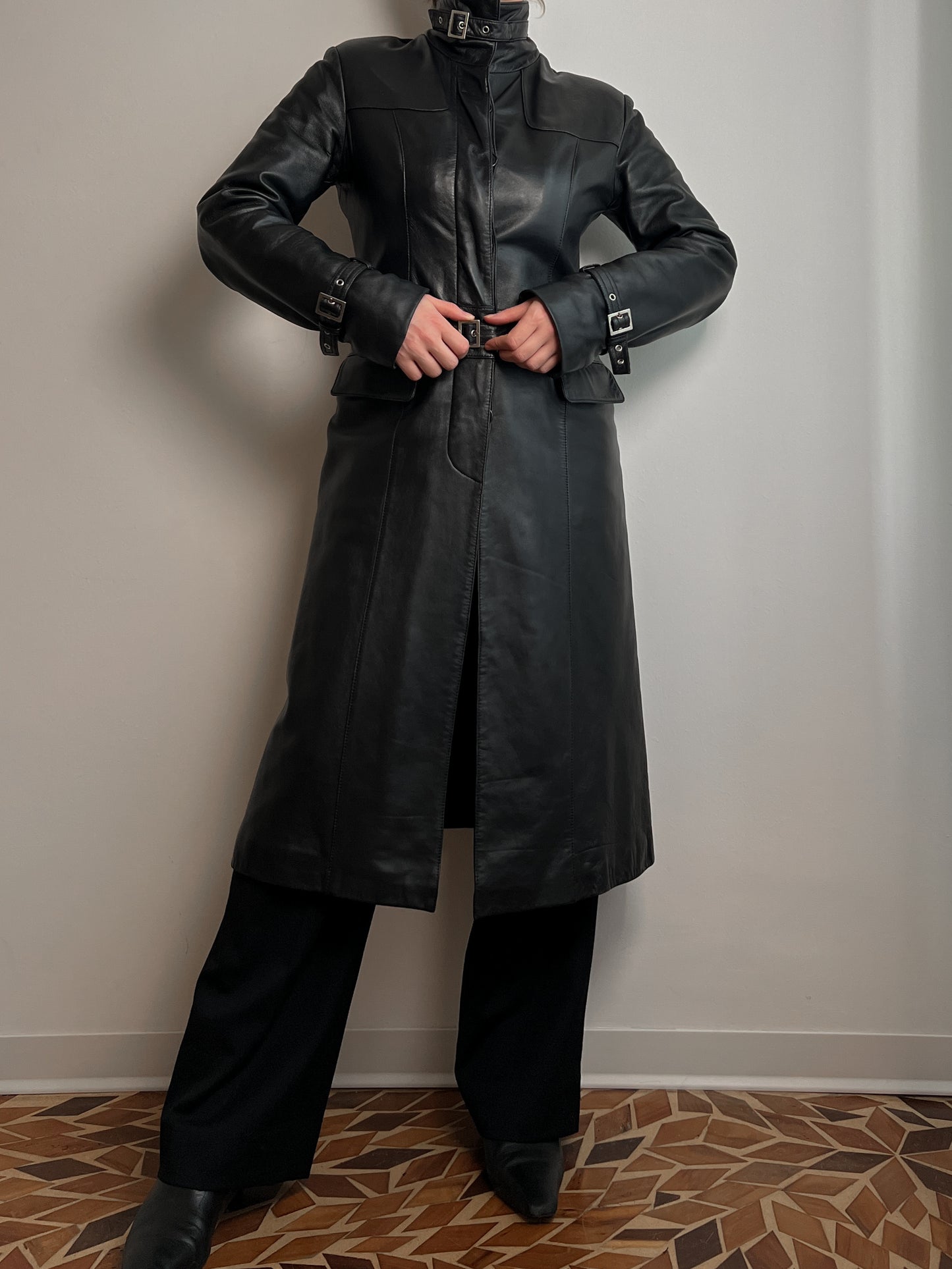 Real leather black long jacket