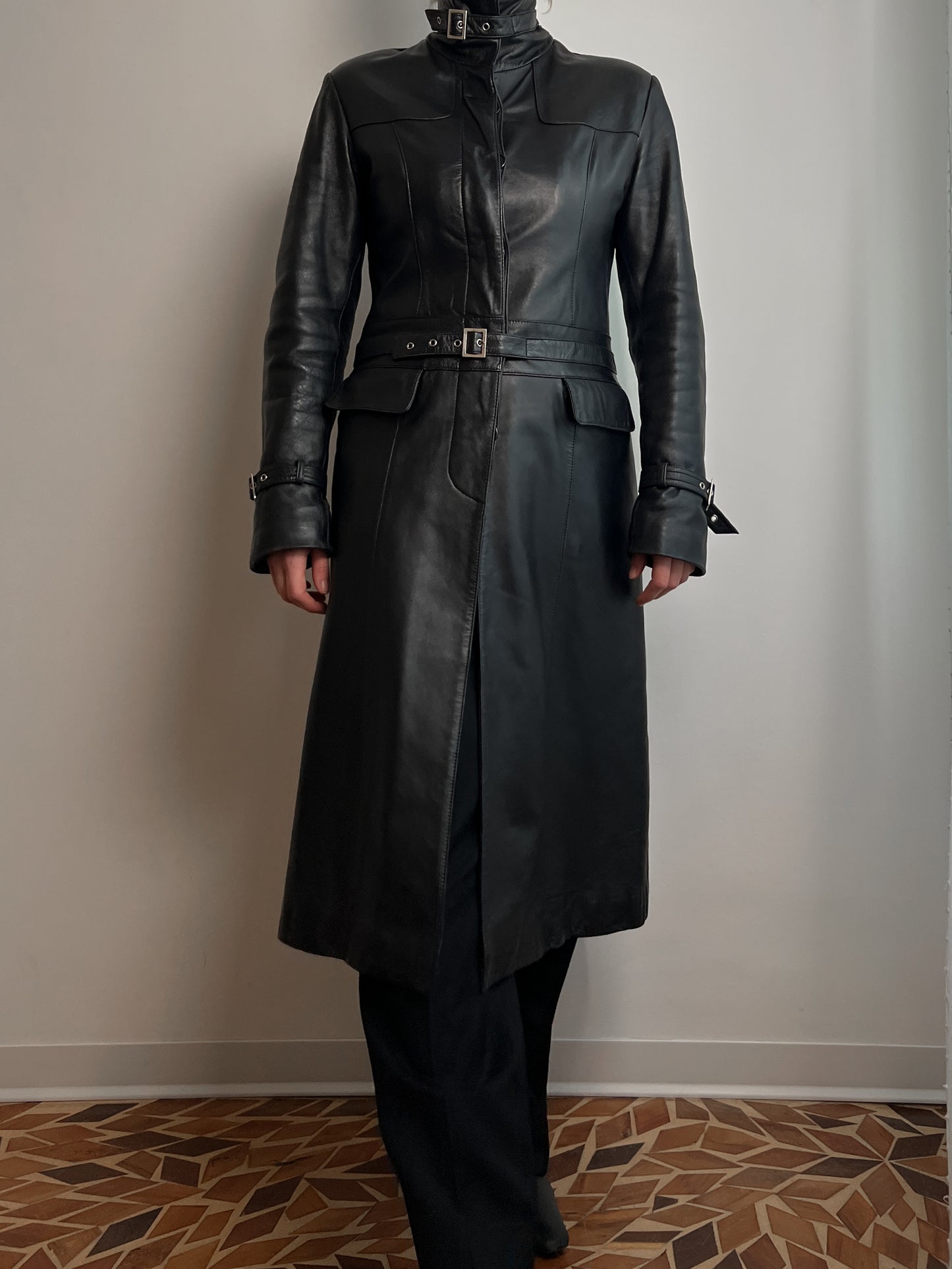 Real leather black long jacket