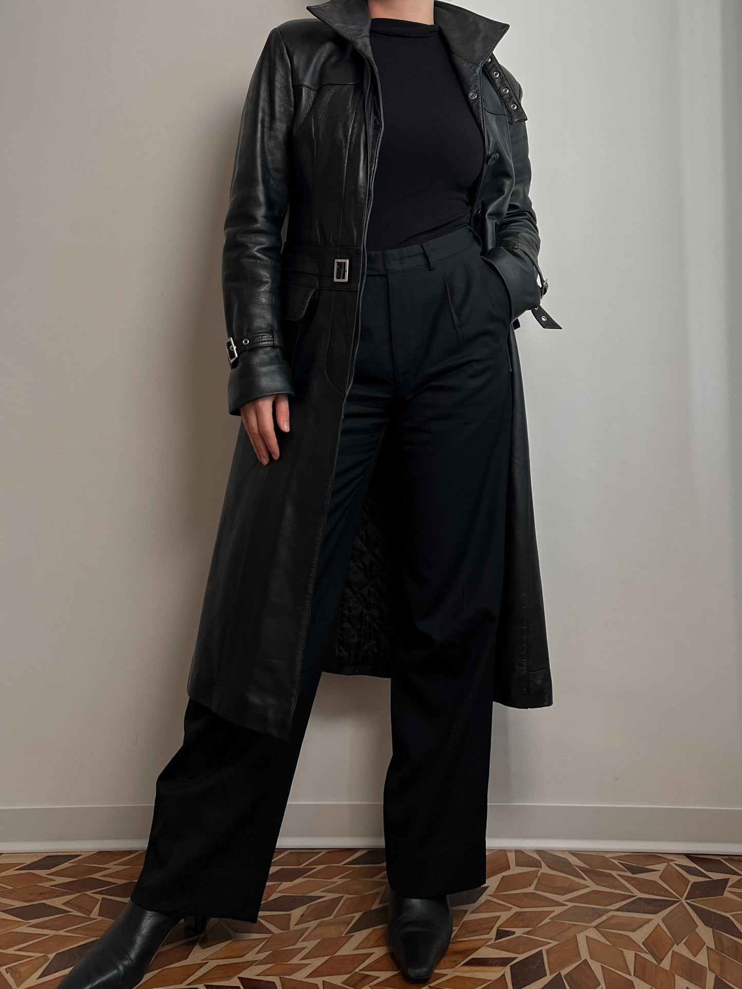 Real leather black long jacket