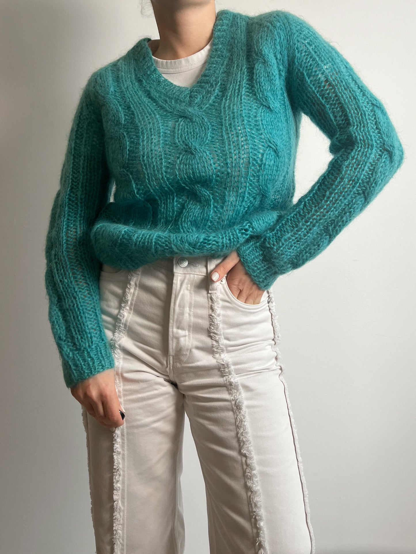 Mohair and wool embroidered turquoise pull