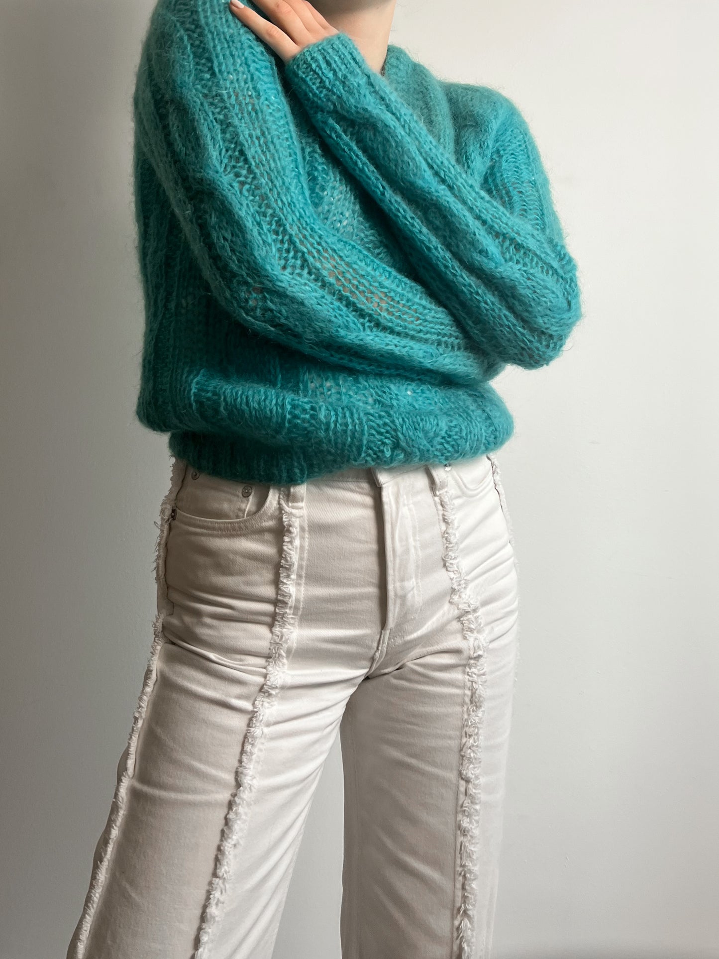 Mohair and wool embroidered turquoise pull