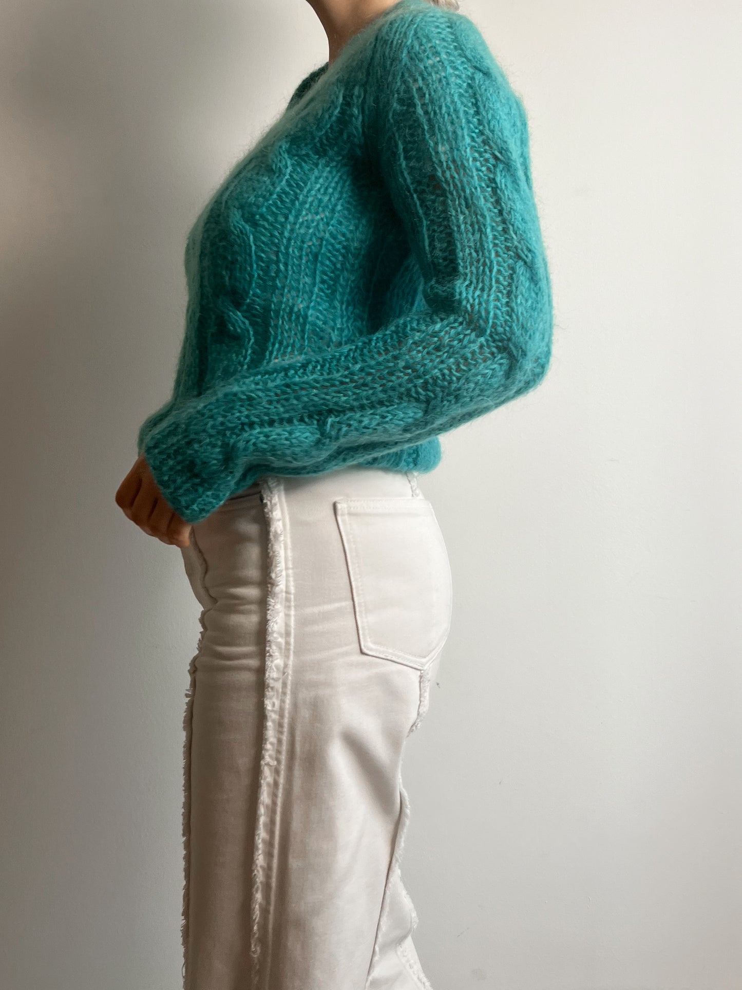 Mohair and wool embroidered turquoise pull