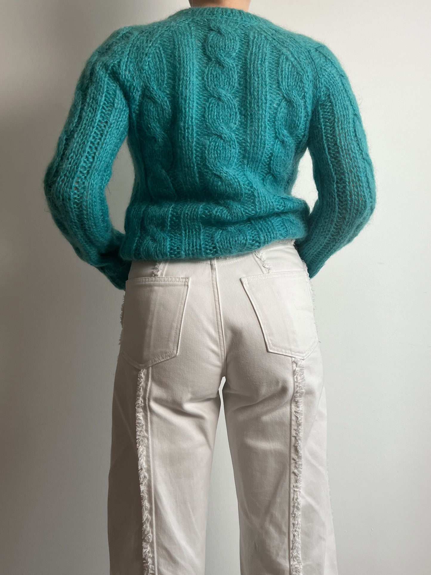 Mohair and wool embroidered turquoise pull