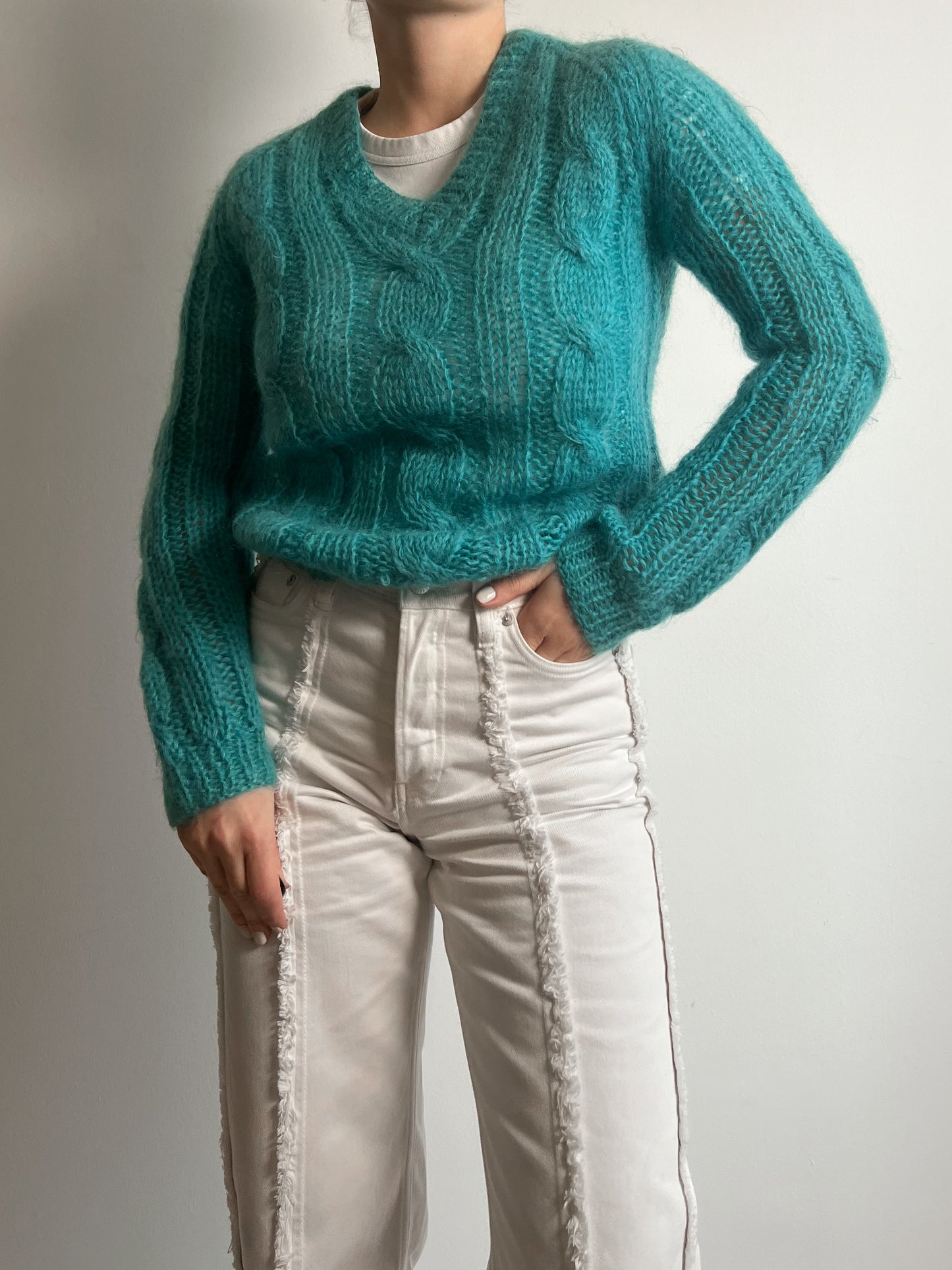 Mohair and wool embroidered turquoise pull